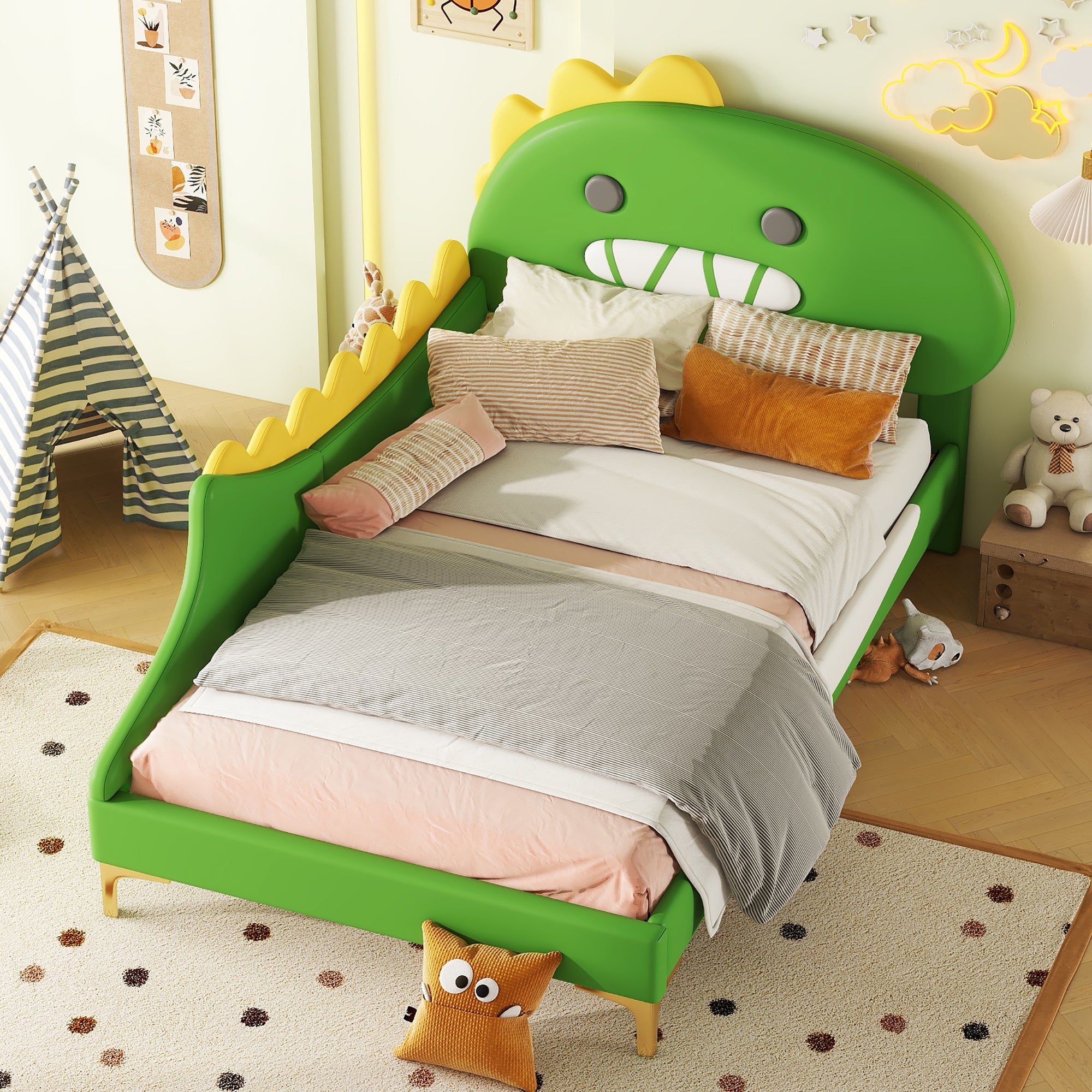 Children's Bed 90x200cm Cartoon Dinosaur Shape Flat Bed, Green PU Material