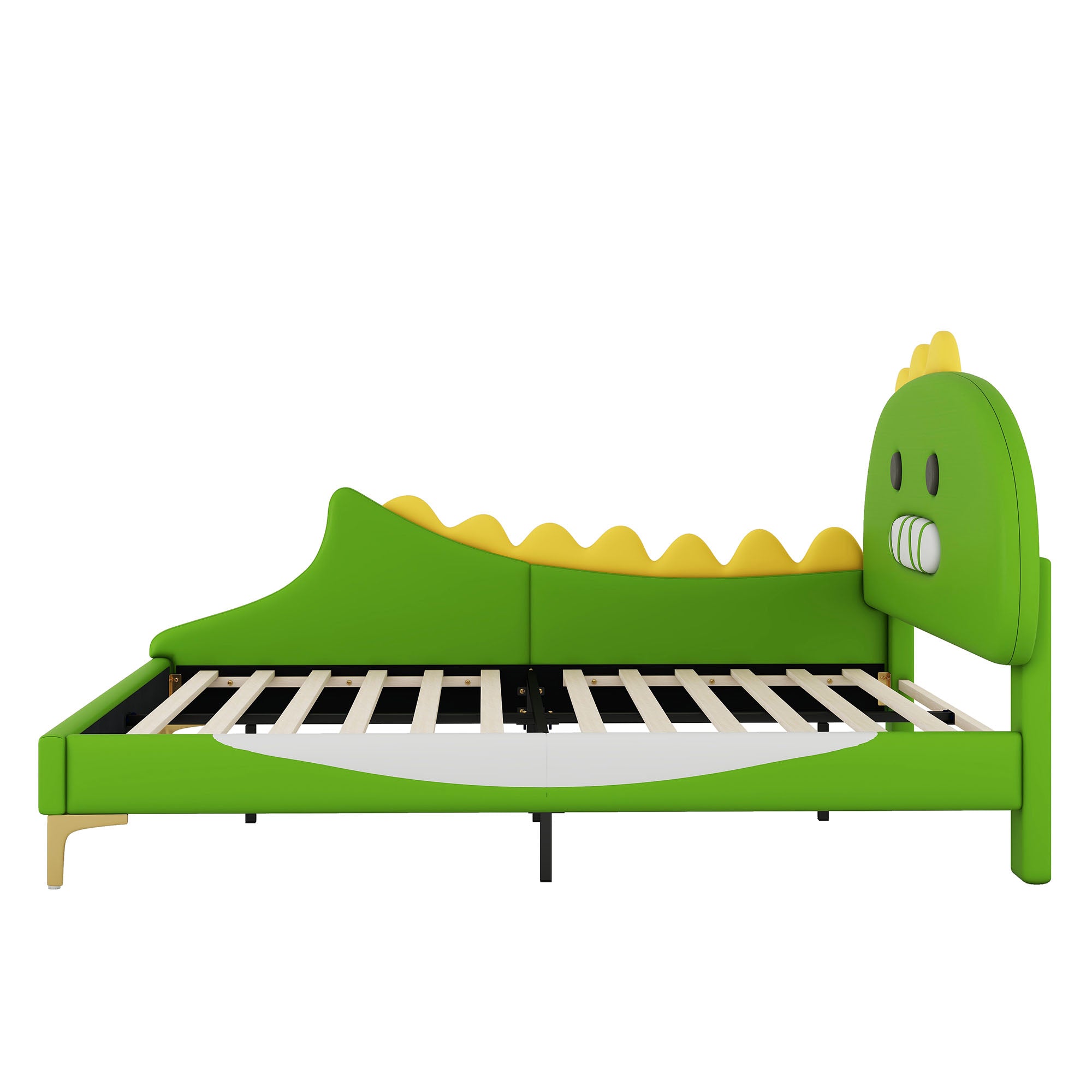 Children's Bed, 140x200cm Cartoon Dinosaur Flat Bed, Green PU Material