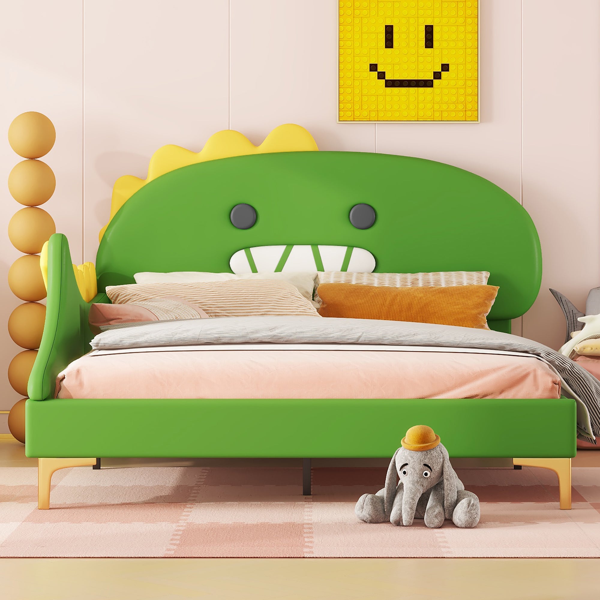 Children's Bed, 140x200cm Cartoon Dinosaur Flat Bed, Green PU Material