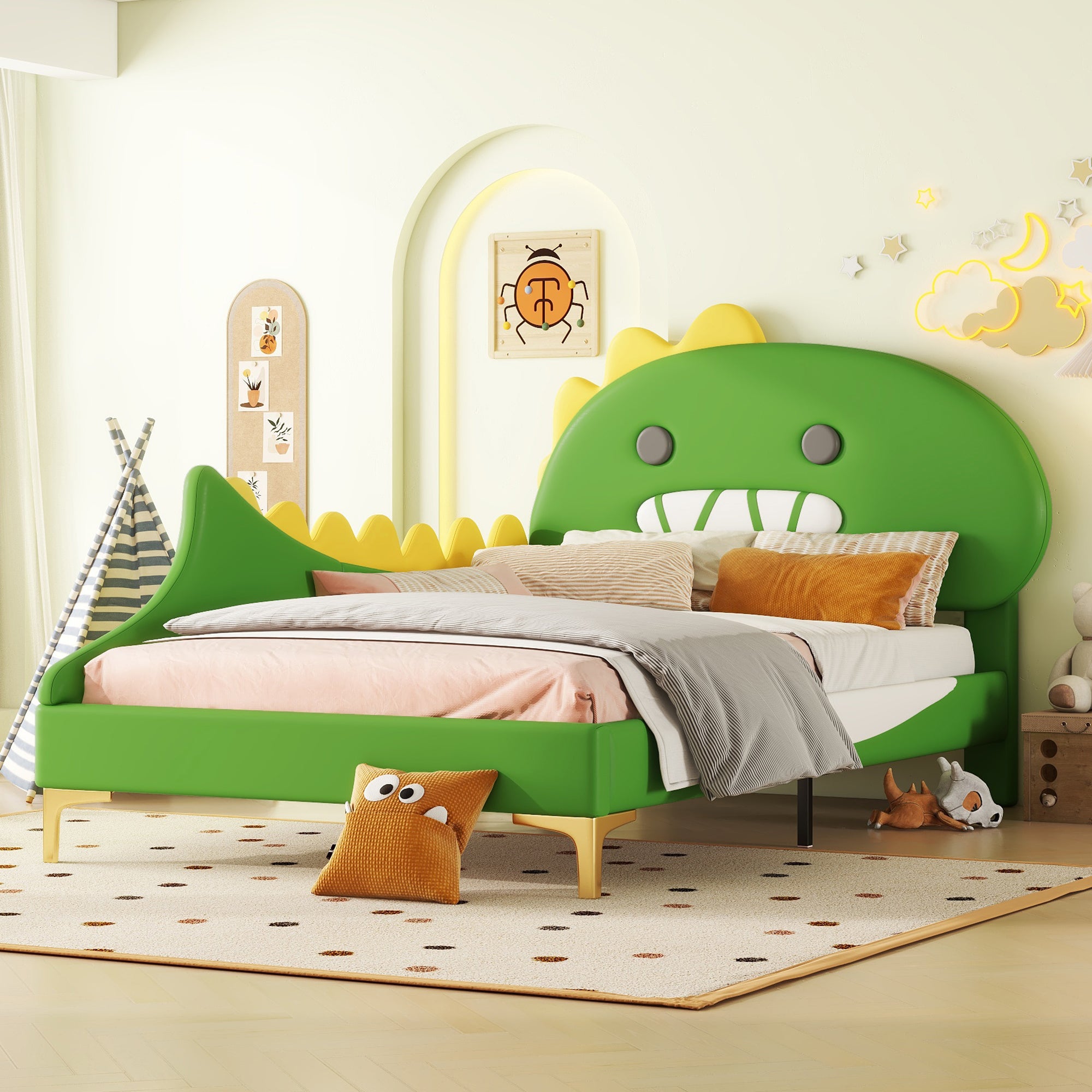 Children's Bed 90x200cm Cartoon Dinosaur Shape Flat Bed, Green PU Material