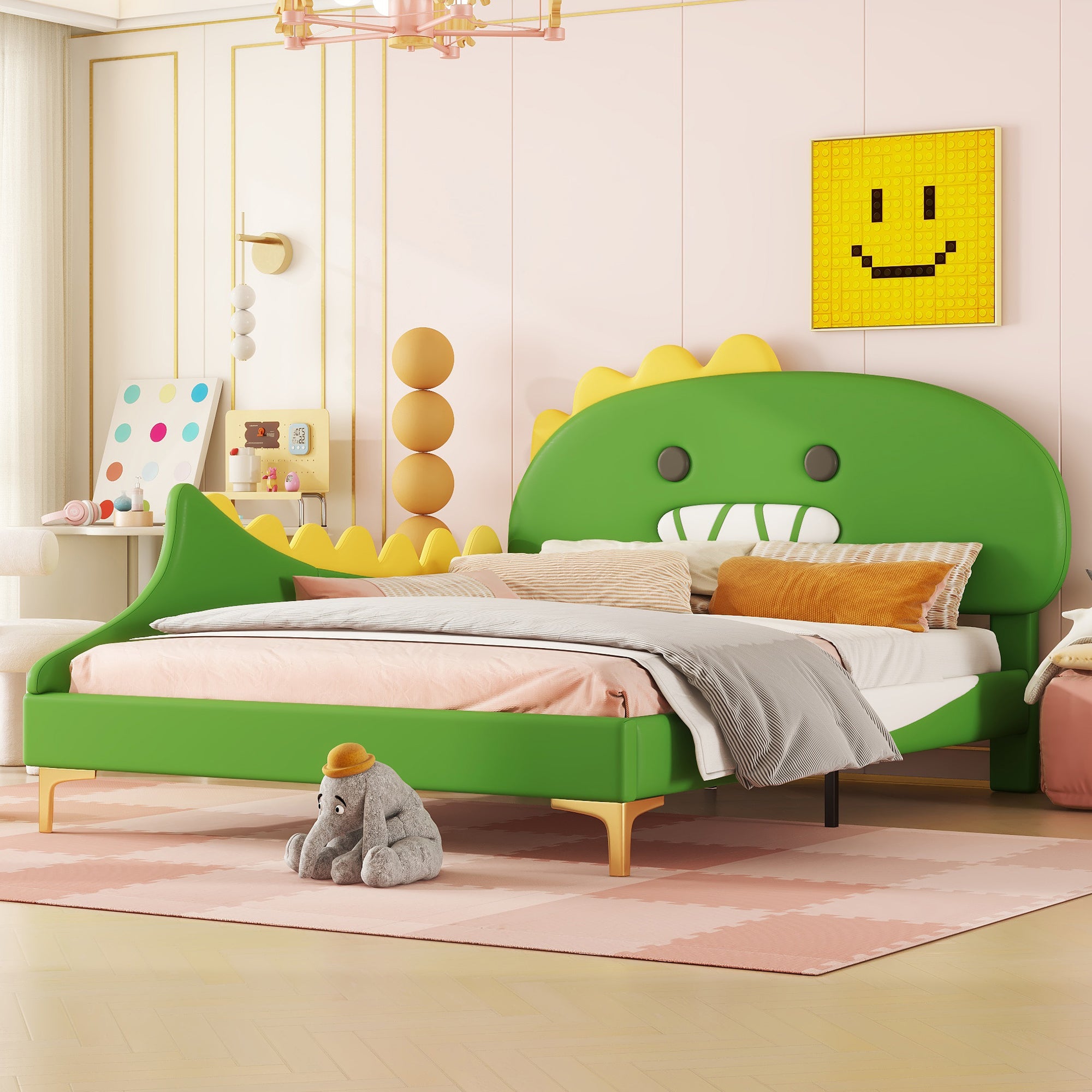 Children's Bed, 140x200cm Cartoon Dinosaur Flat Bed, Green PU Material