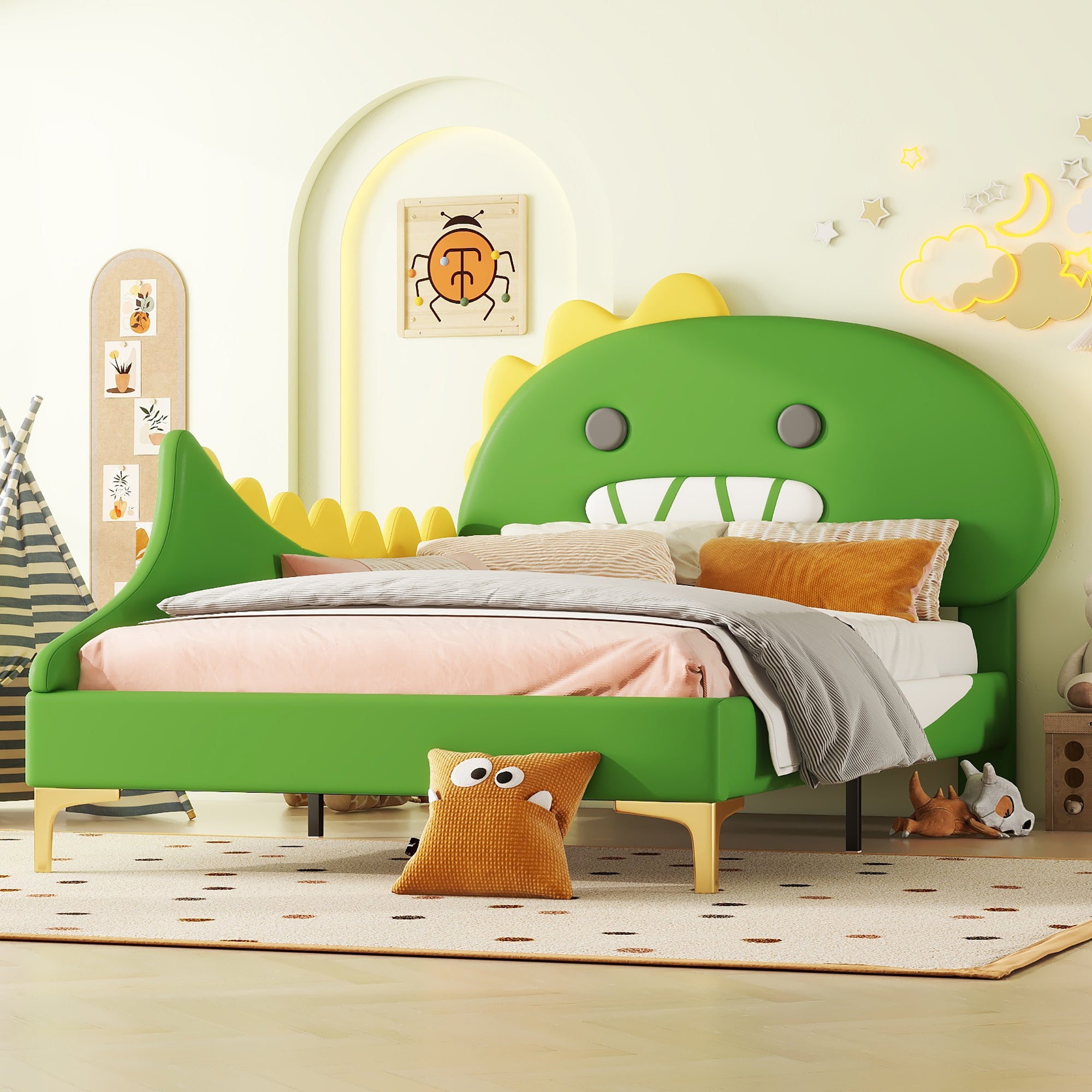 Children's Bed 90x200cm Cartoon Dinosaur Shape Flat Bed, Green PU Material