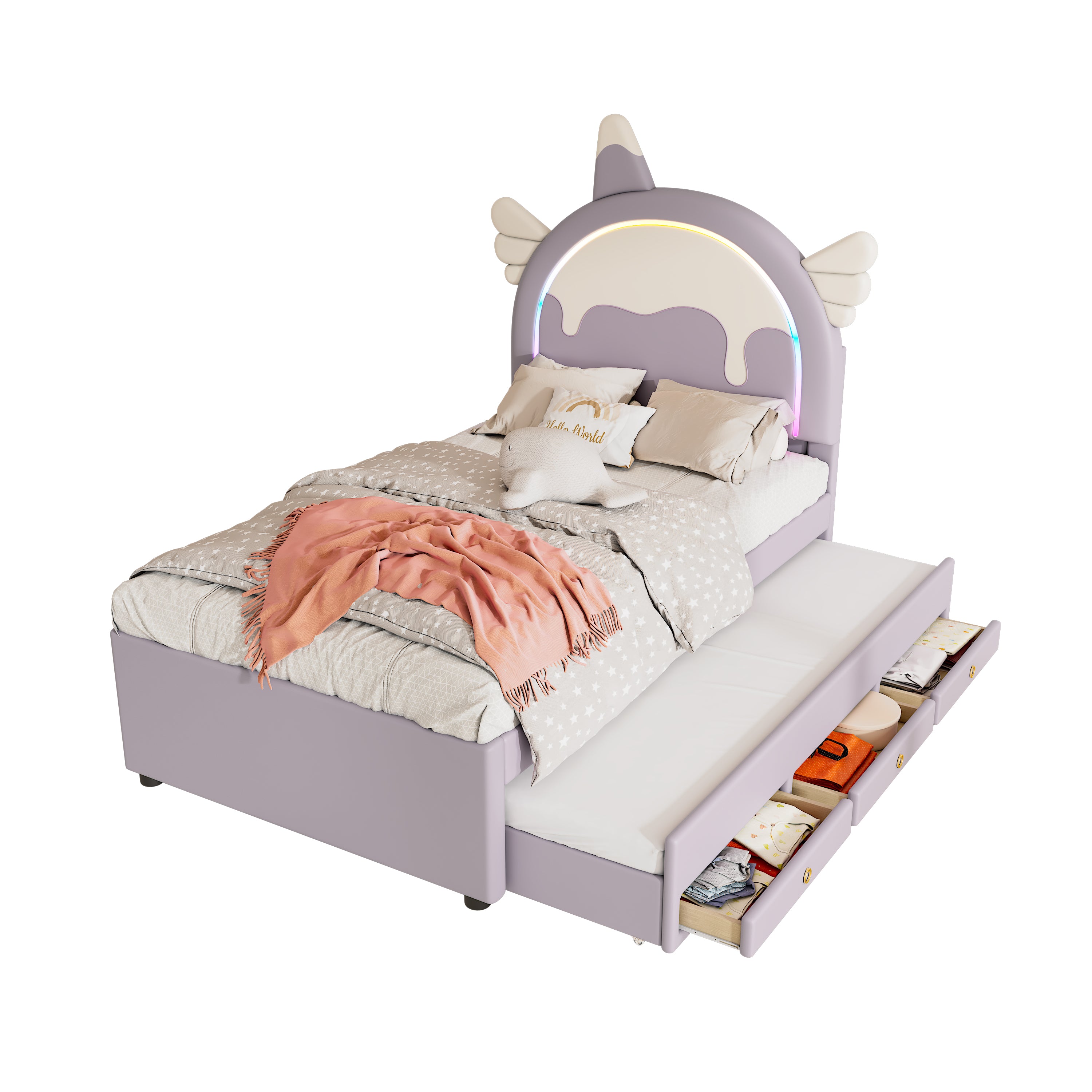 Unicorn Children's Bed, 90x200cm Extendable Rollaway Bed, Violet PU Material