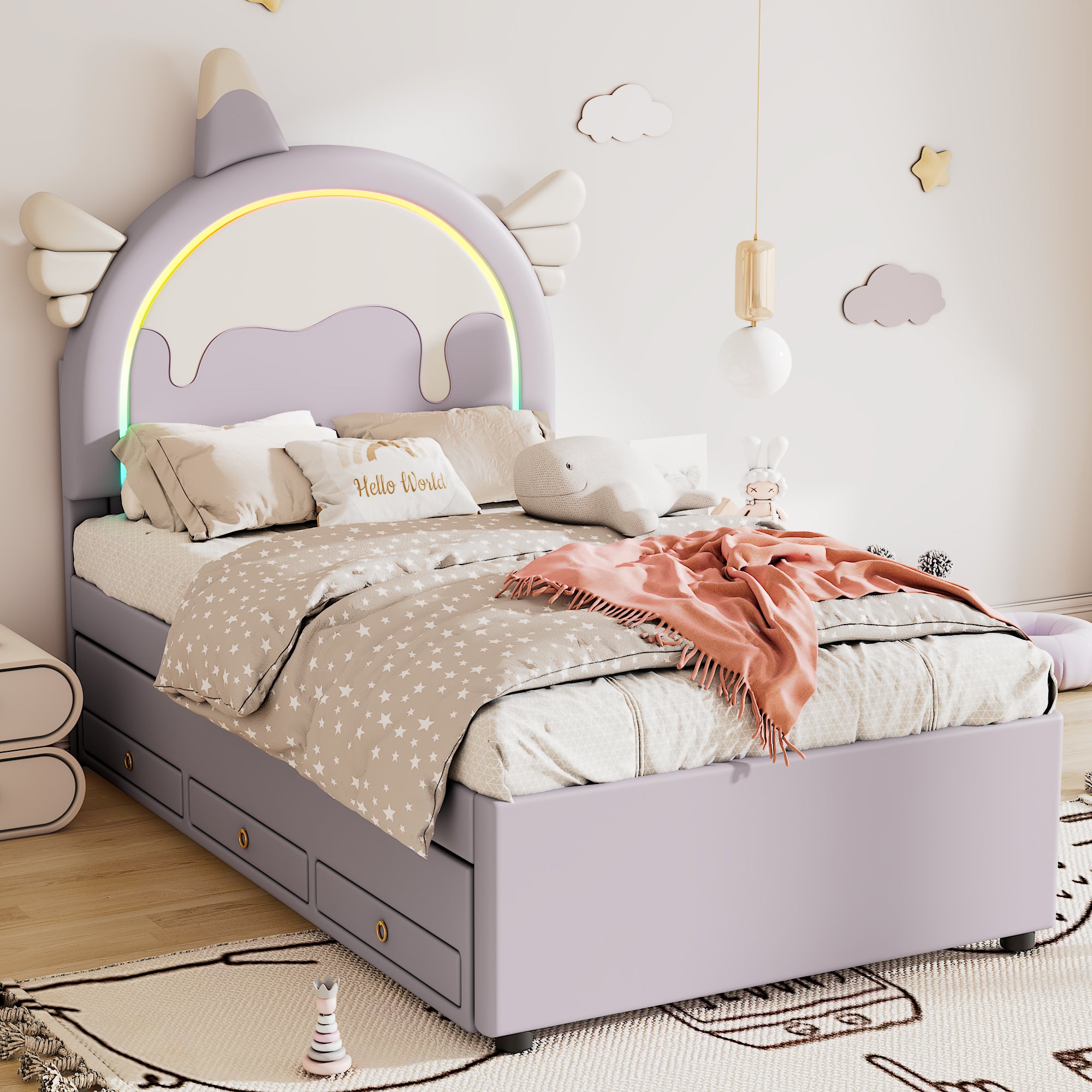 Unicorn Children's Bed, 90x200cm Extendable Rollaway Bed, Violet PU Material