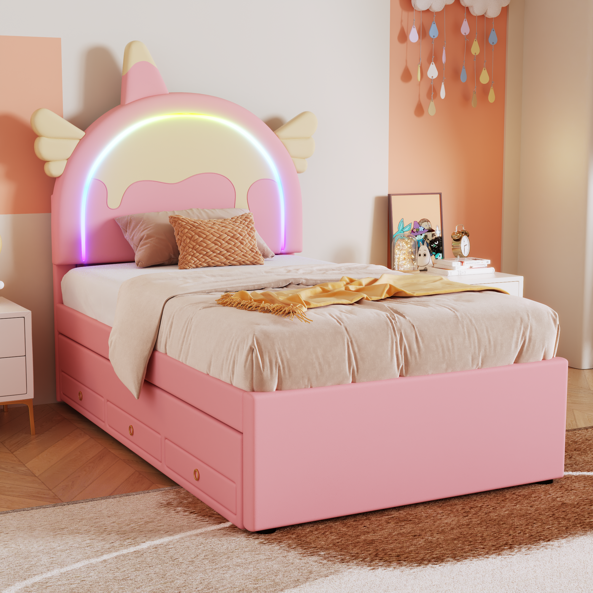 Cartoon Children's Bed, Unicorn Rollaway 90x200cm, PU Pink