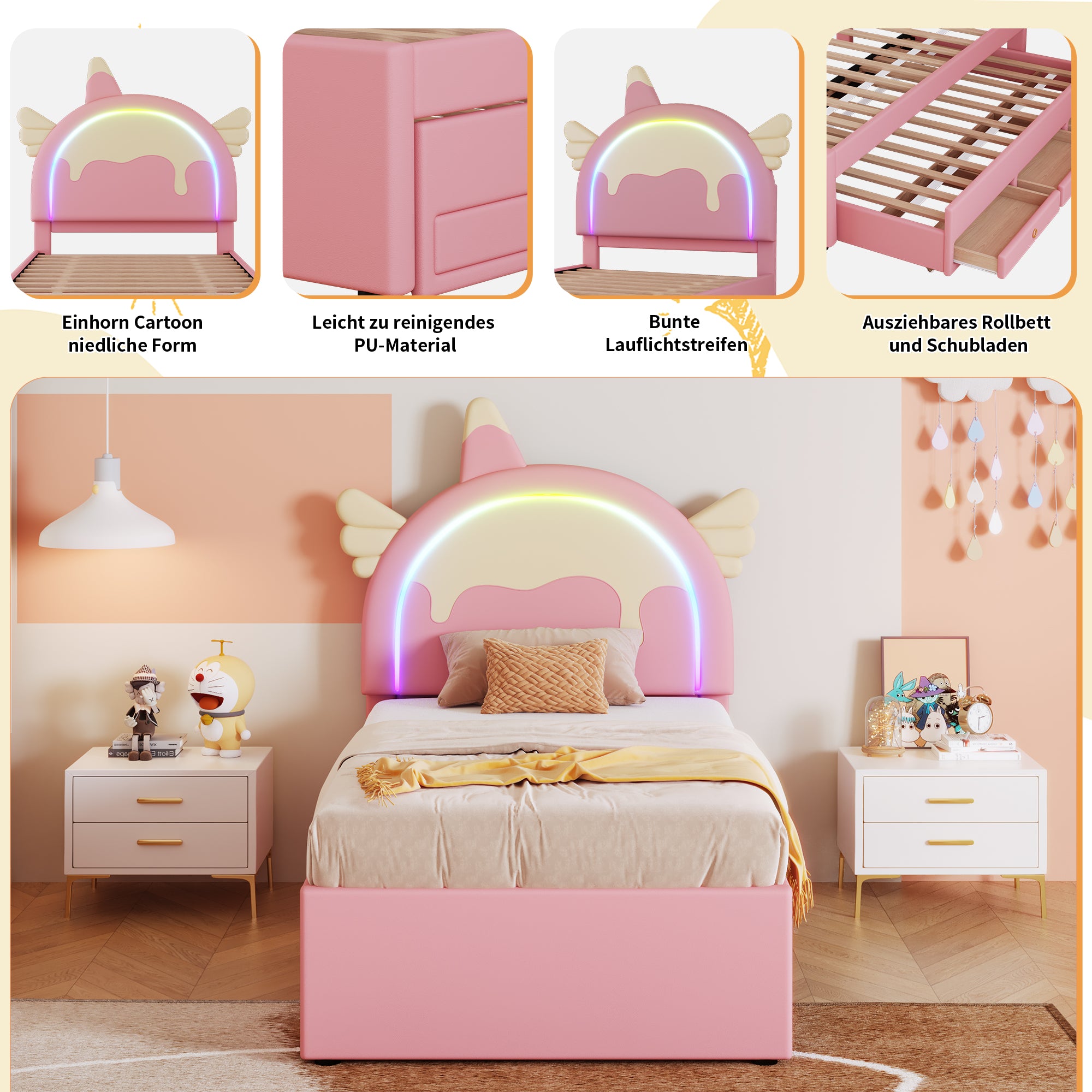 Cartoon Children's Bed, Unicorn Rollaway 90x200cm, PU Pink