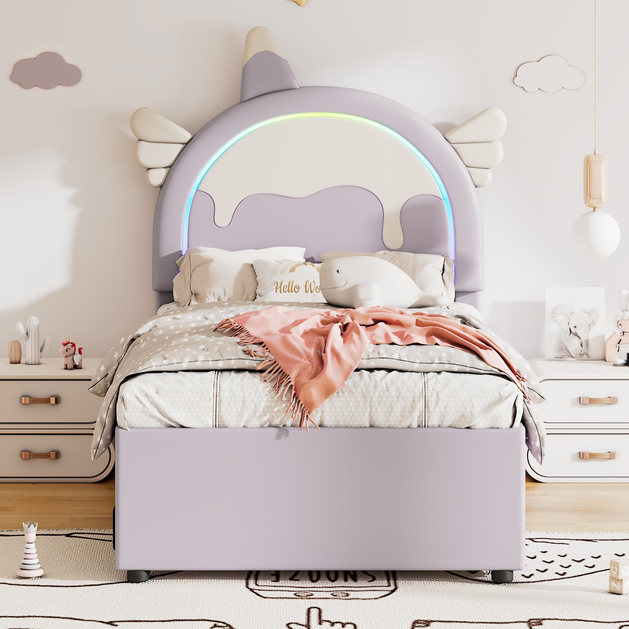 Unicorn Children's Bed, 90x200cm Extendable Rollaway Bed, Violet PU Material