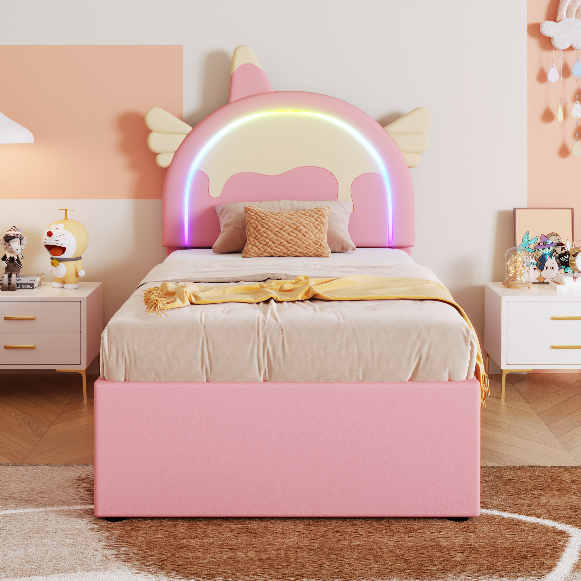 Cartoon Children's Bed, Unicorn Rollaway 90x200cm, PU Pink