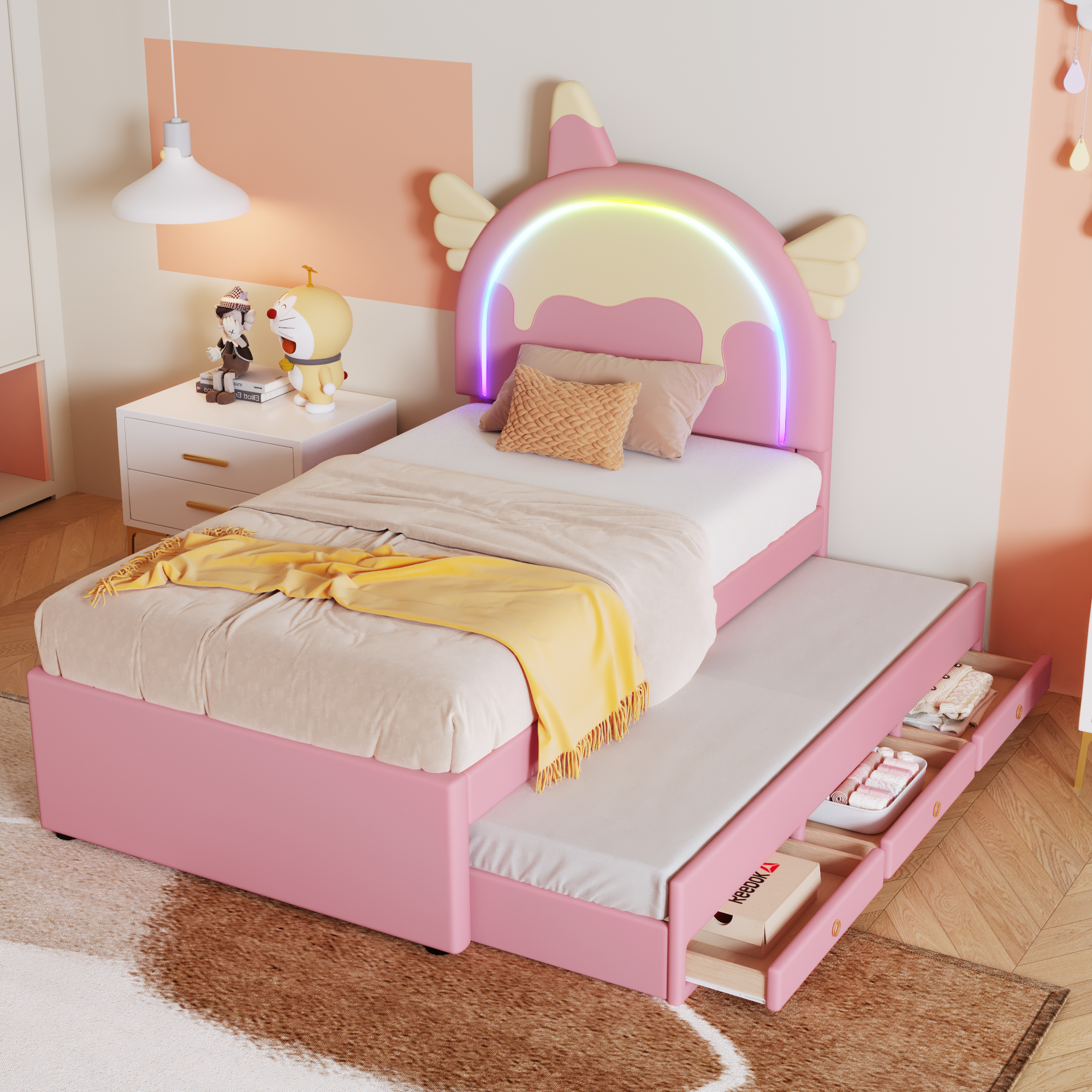 Cartoon Children's Bed, Unicorn Rollaway 90x200cm, PU Pink