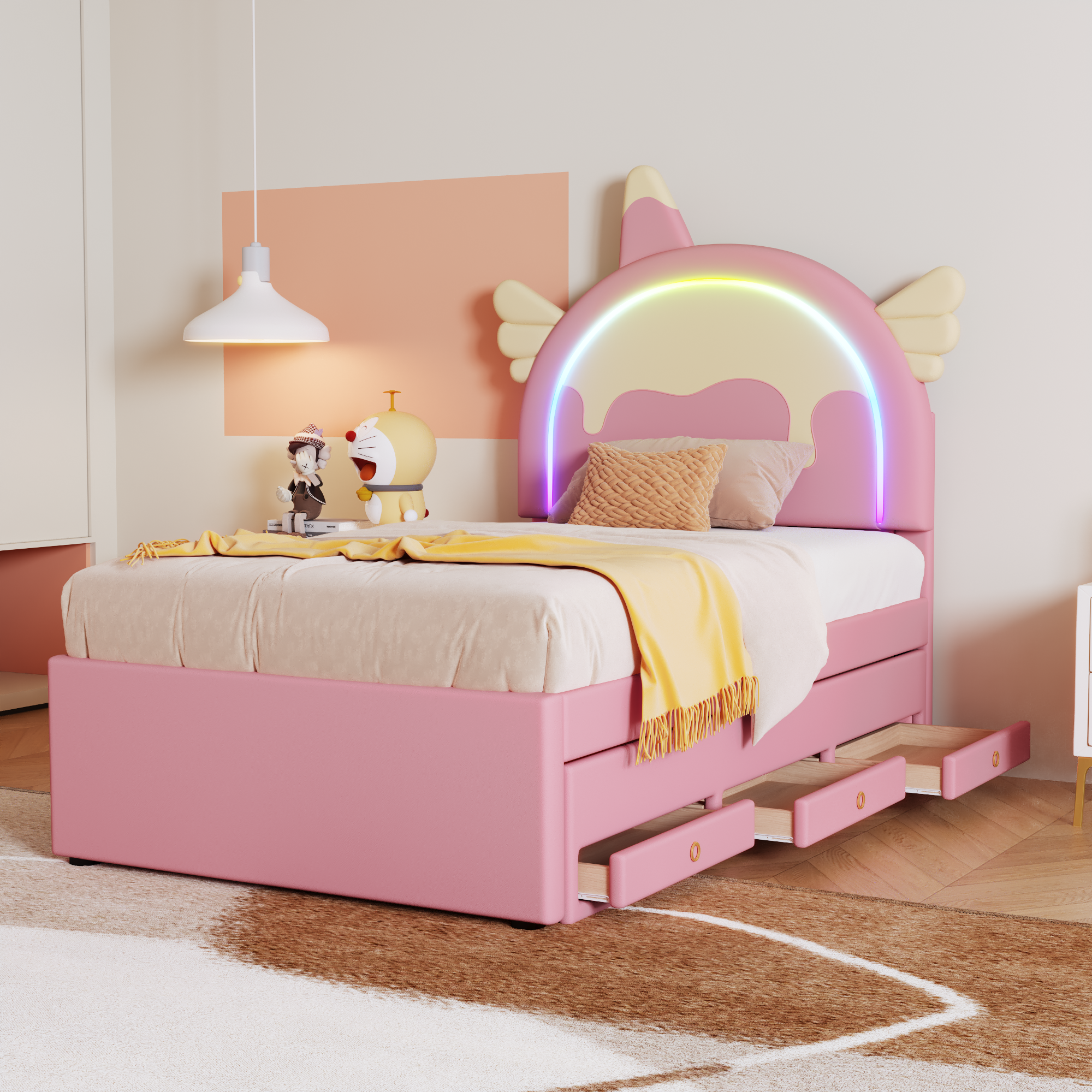 Cartoon Children's Bed, Unicorn Rollaway 90x200cm, PU Pink