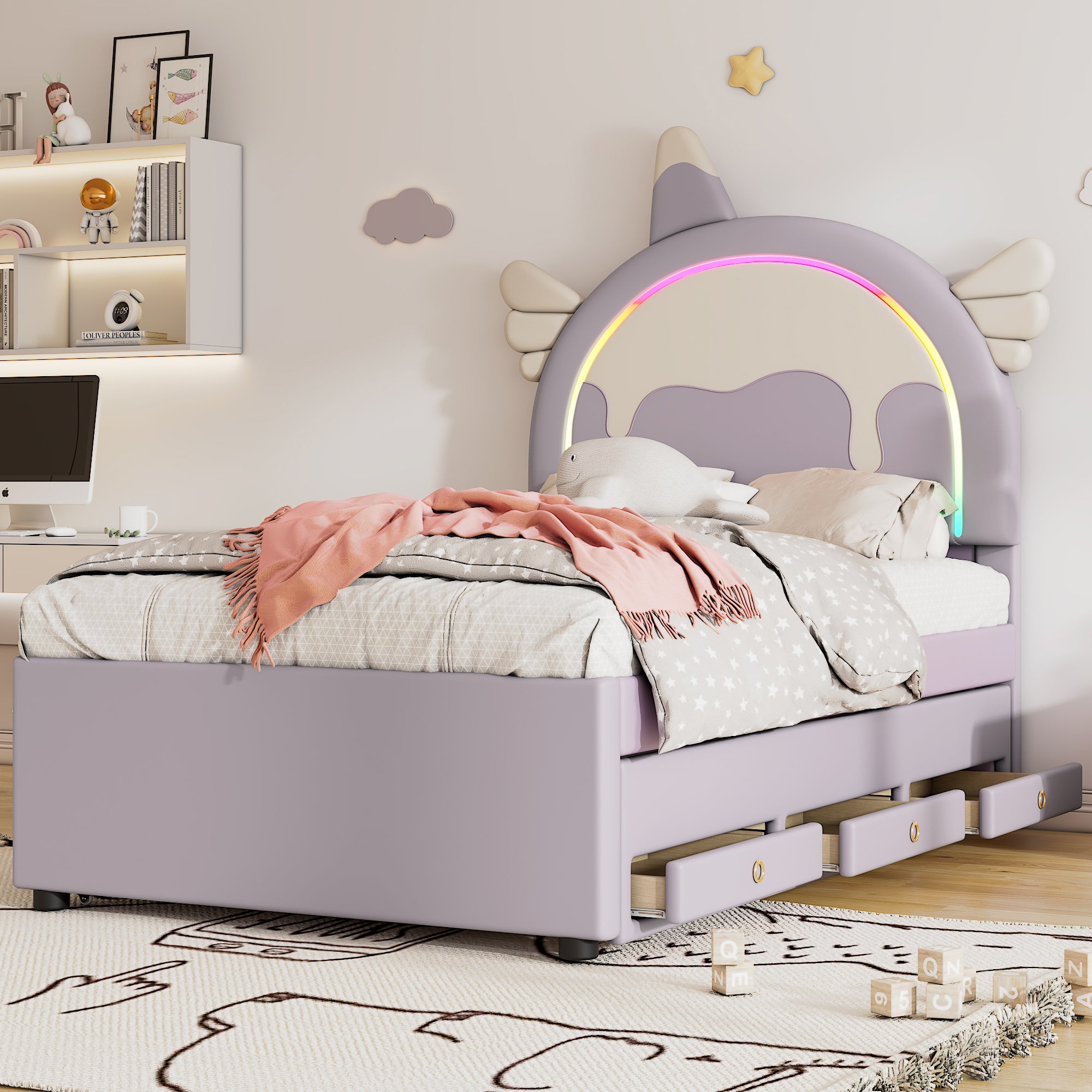 Unicorn Children's Bed, 90x200cm Extendable Rollaway Bed, Violet PU Material