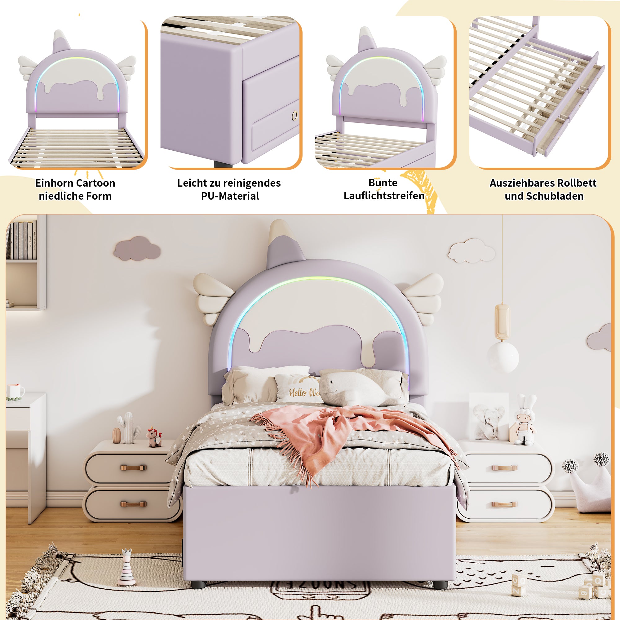 Unicorn Children's Bed, 90x200cm Extendable Rollaway Bed, Violet PU Material