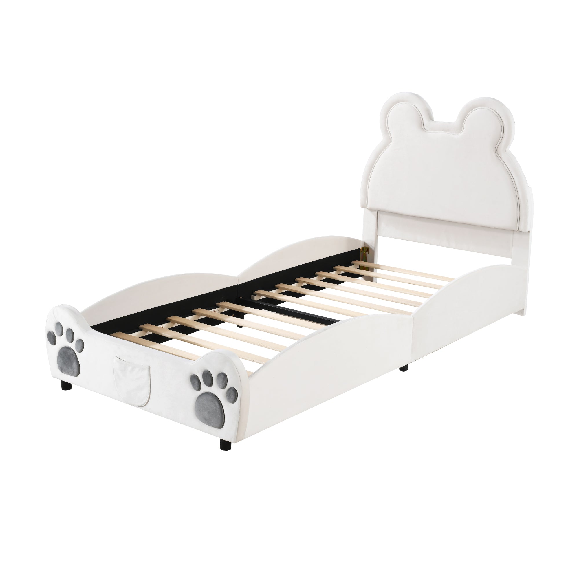Upholstered Bed, Children's 90x200cm Bear-Shaped, White Velour