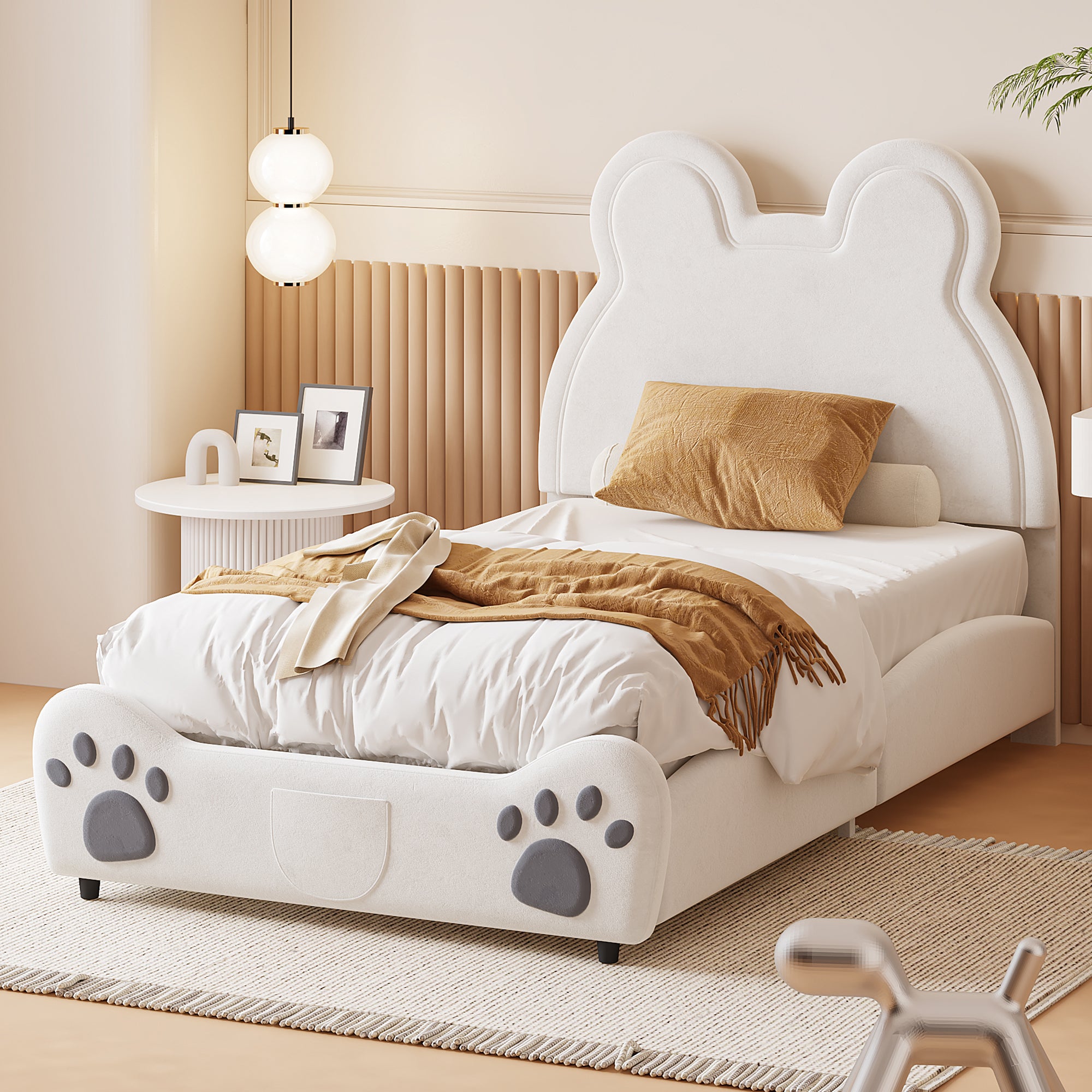 Upholstered Bed, Children's 90x200cm Bear-Shaped, White Velour
