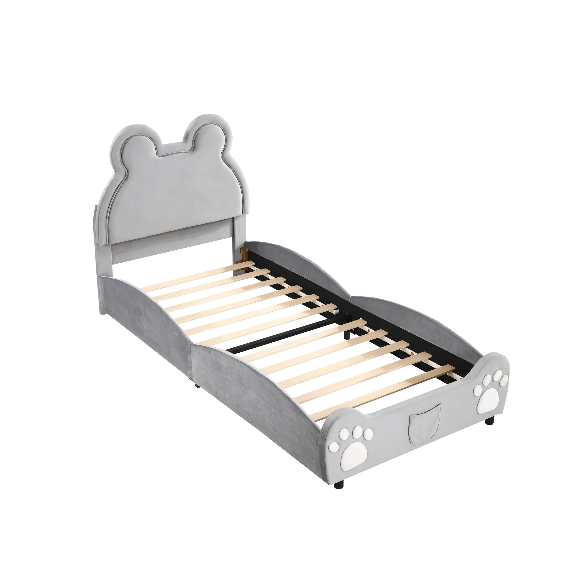 Children's Upholstered Bed, Bear-Shaped Single 90x200cm, Gray Velour