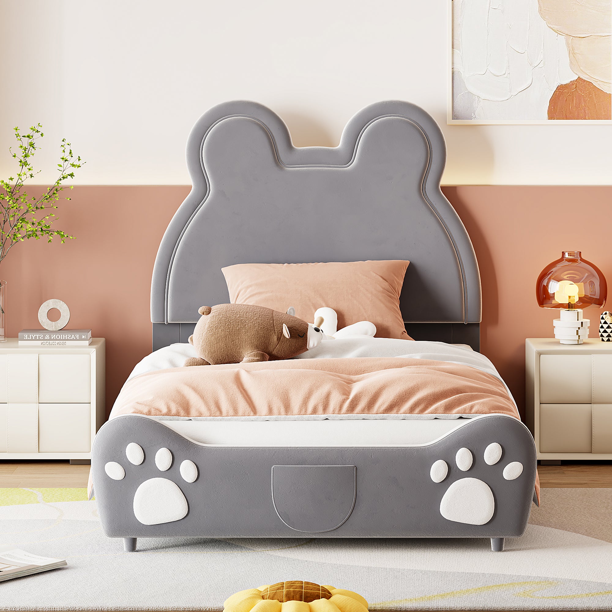Children's Upholstered Bed, Bear-Shaped Single 90x200cm, Gray Velour