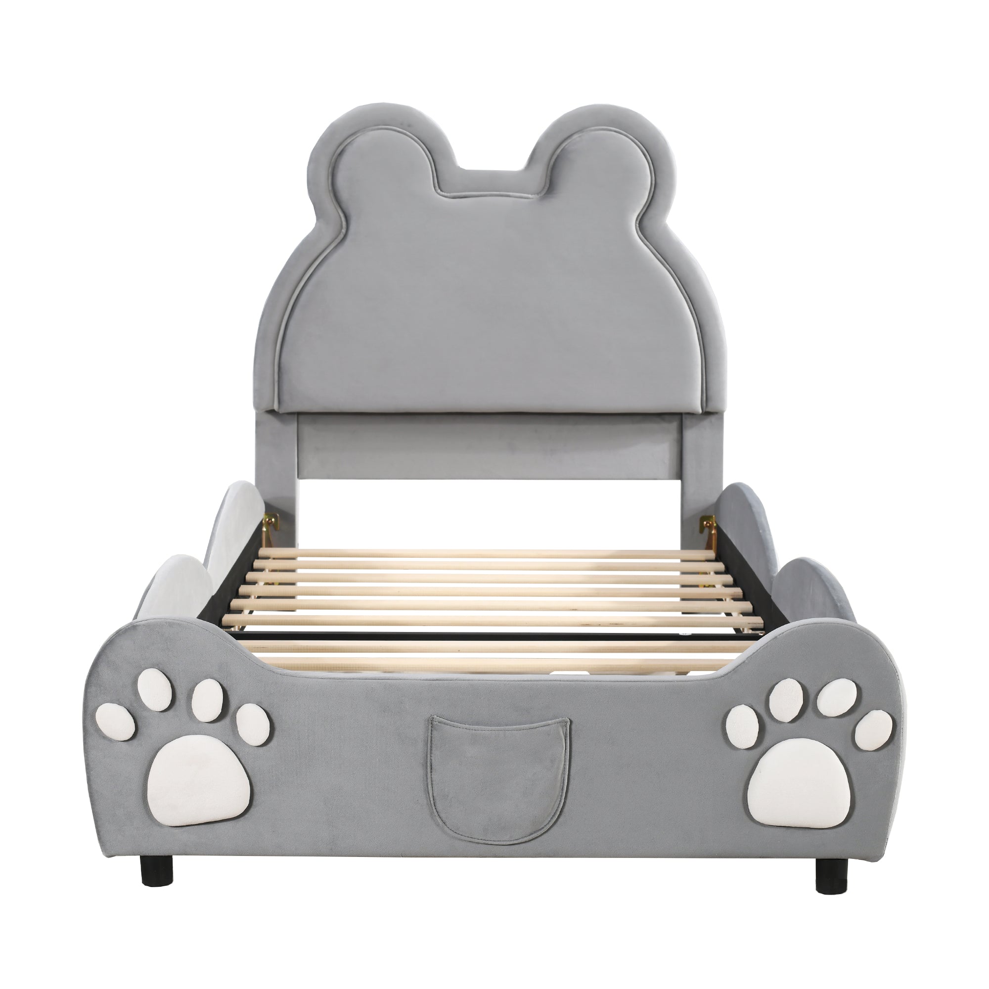 Children's Upholstered Bed, Bear-Shaped Single 90x200cm, Gray Velour