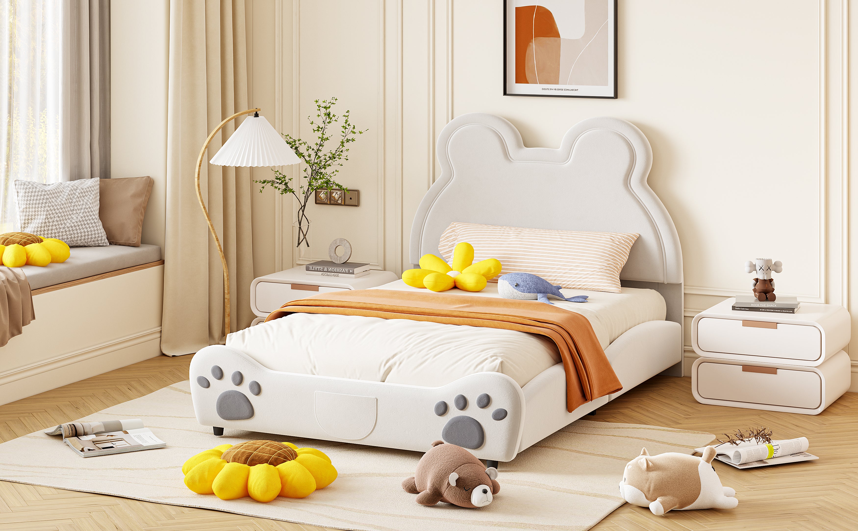 Children's Upholstered Bed, 140x200cm Bear-Shaped, White Velour