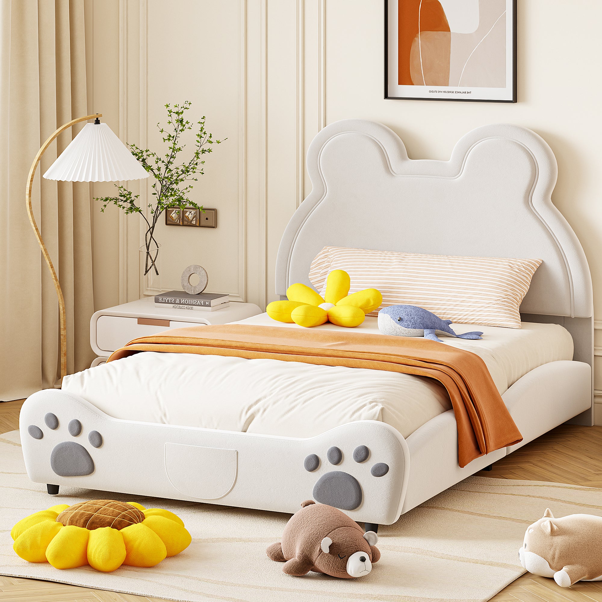 Children's Upholstered Bed, 140x200cm Bear-Shaped, White Velour