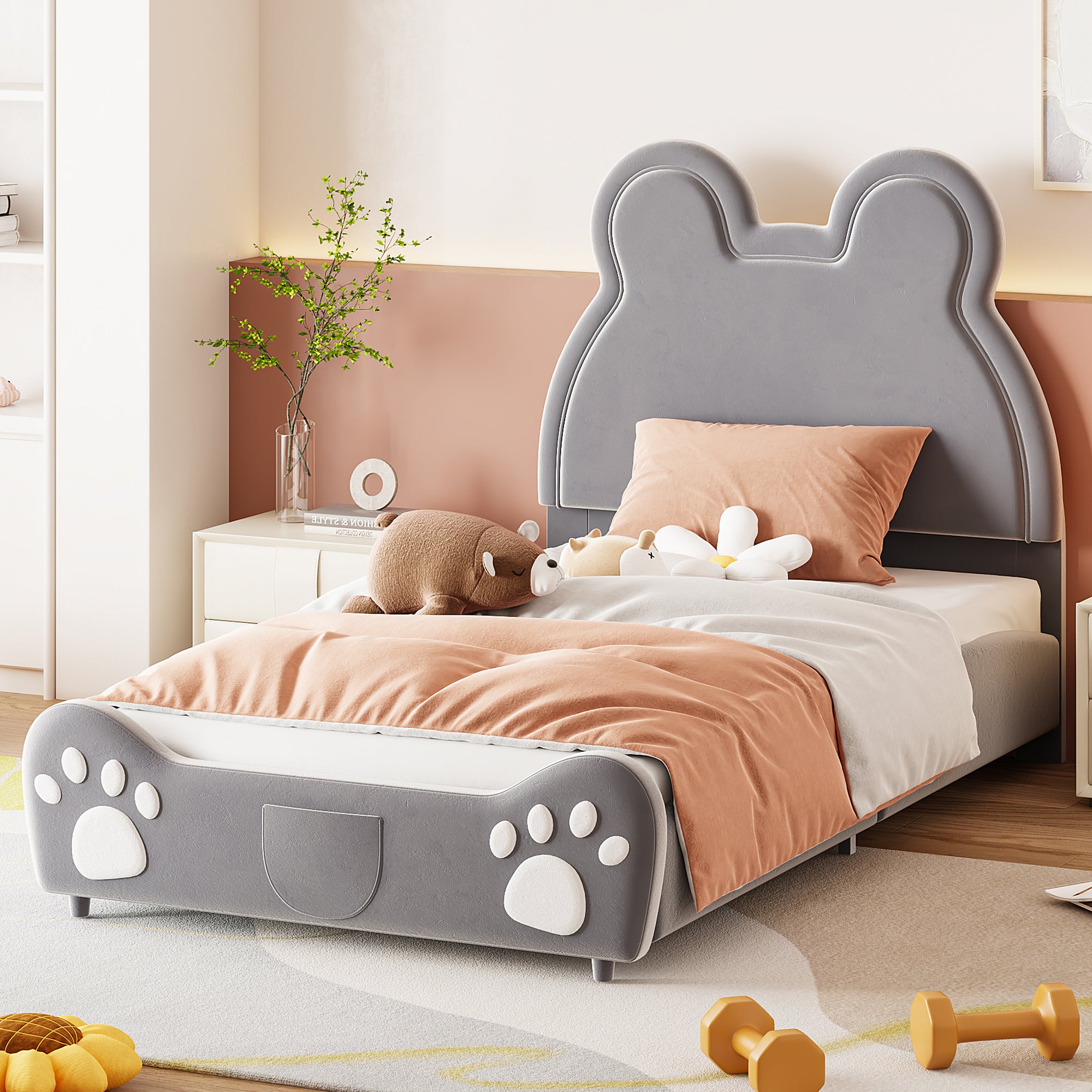 Children's Upholstered Bed, Bear-Shaped Single 90x200cm, Gray Velour