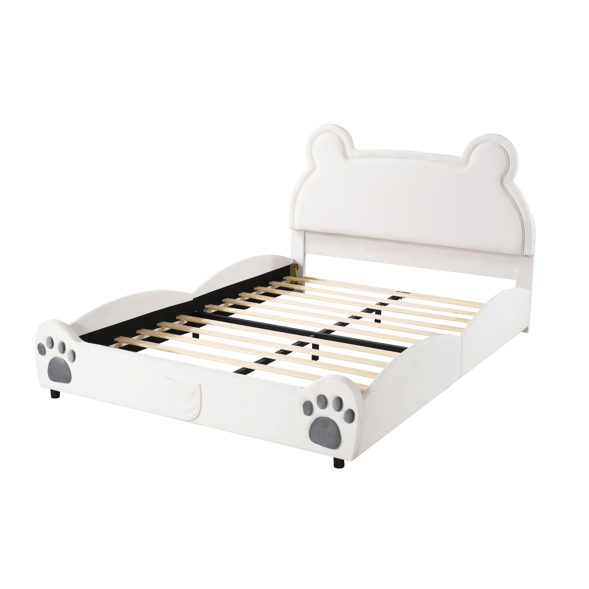 Upholstered Children's Bear Bed with Velvet Fabric and Slatted Frame, 140x200cm, White