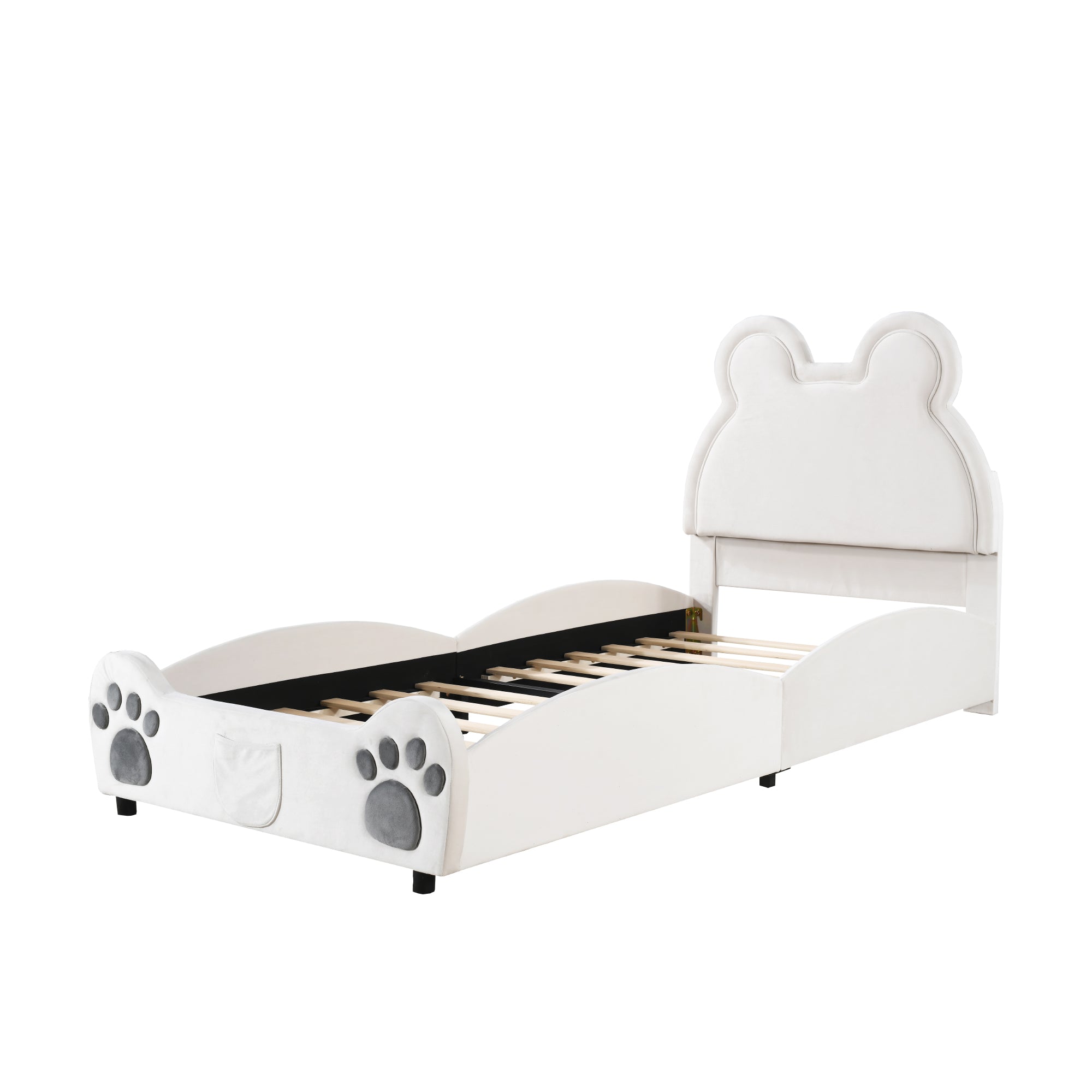 Upholstered Bed, Children's 90x200cm Bear-Shaped, White Velour