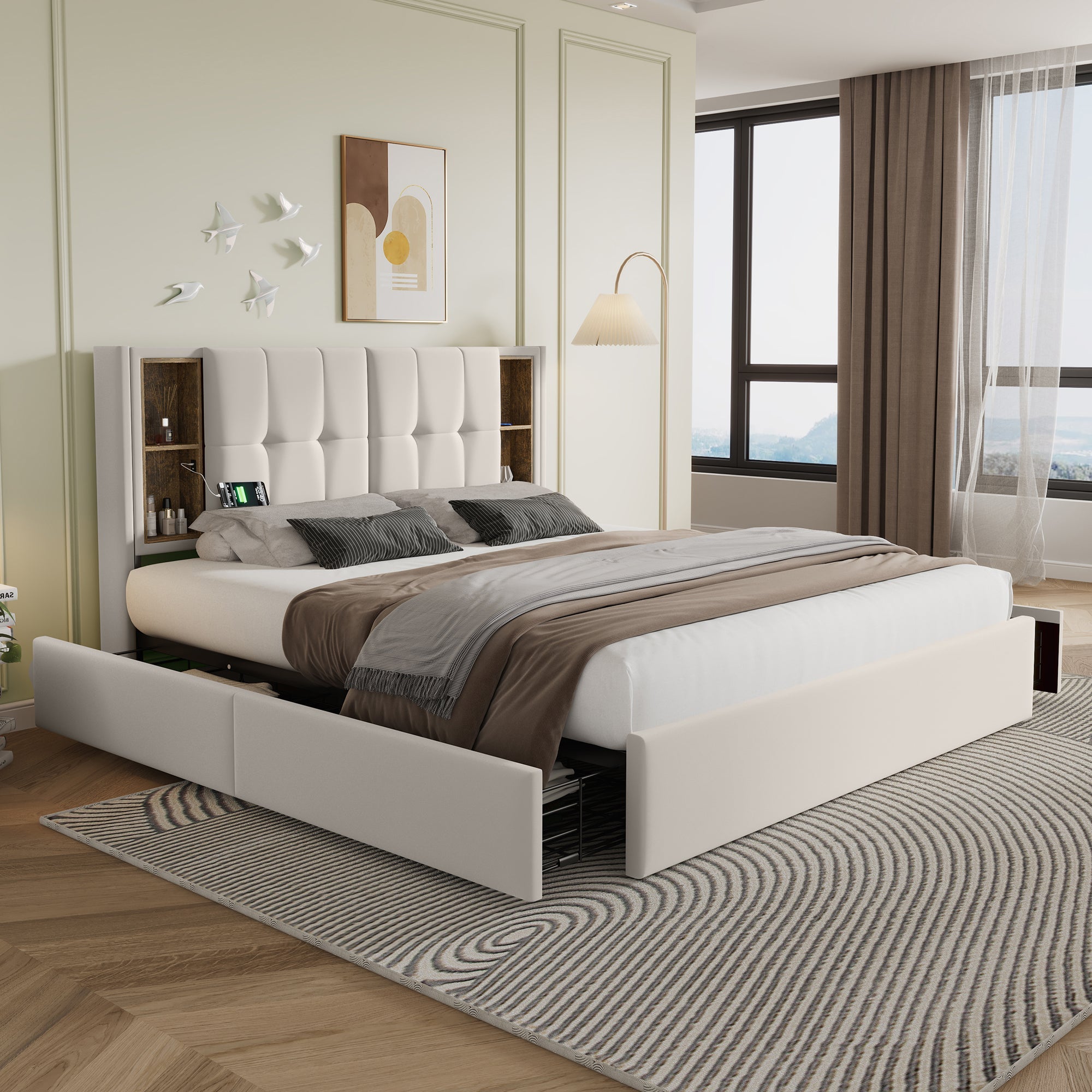 Double bed wireless charging USB C & 4 drawers, upholstered 160x200cm - beige velvet