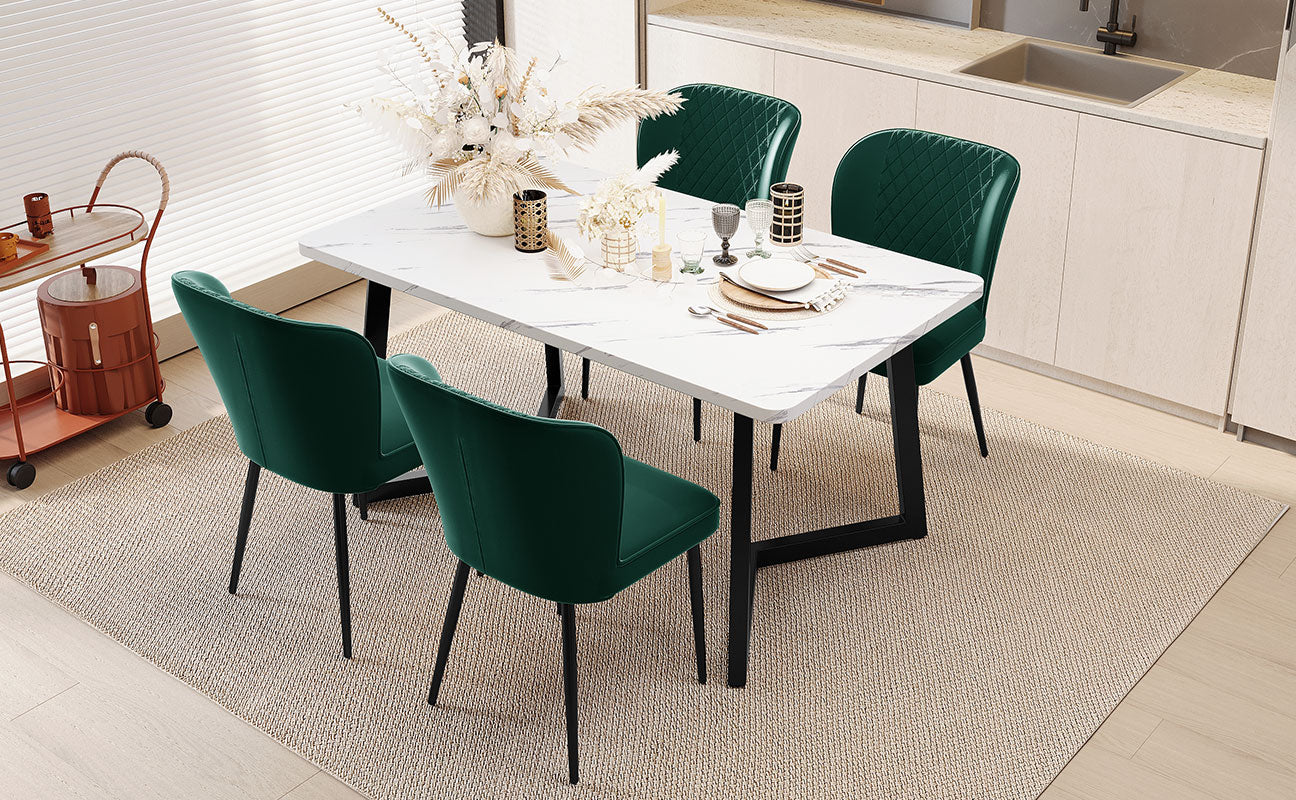 Dining Set with Table (117×68×75cm) & 4 Upholstered Chairs, Dark Green Velvet / White MDF / Black Legs