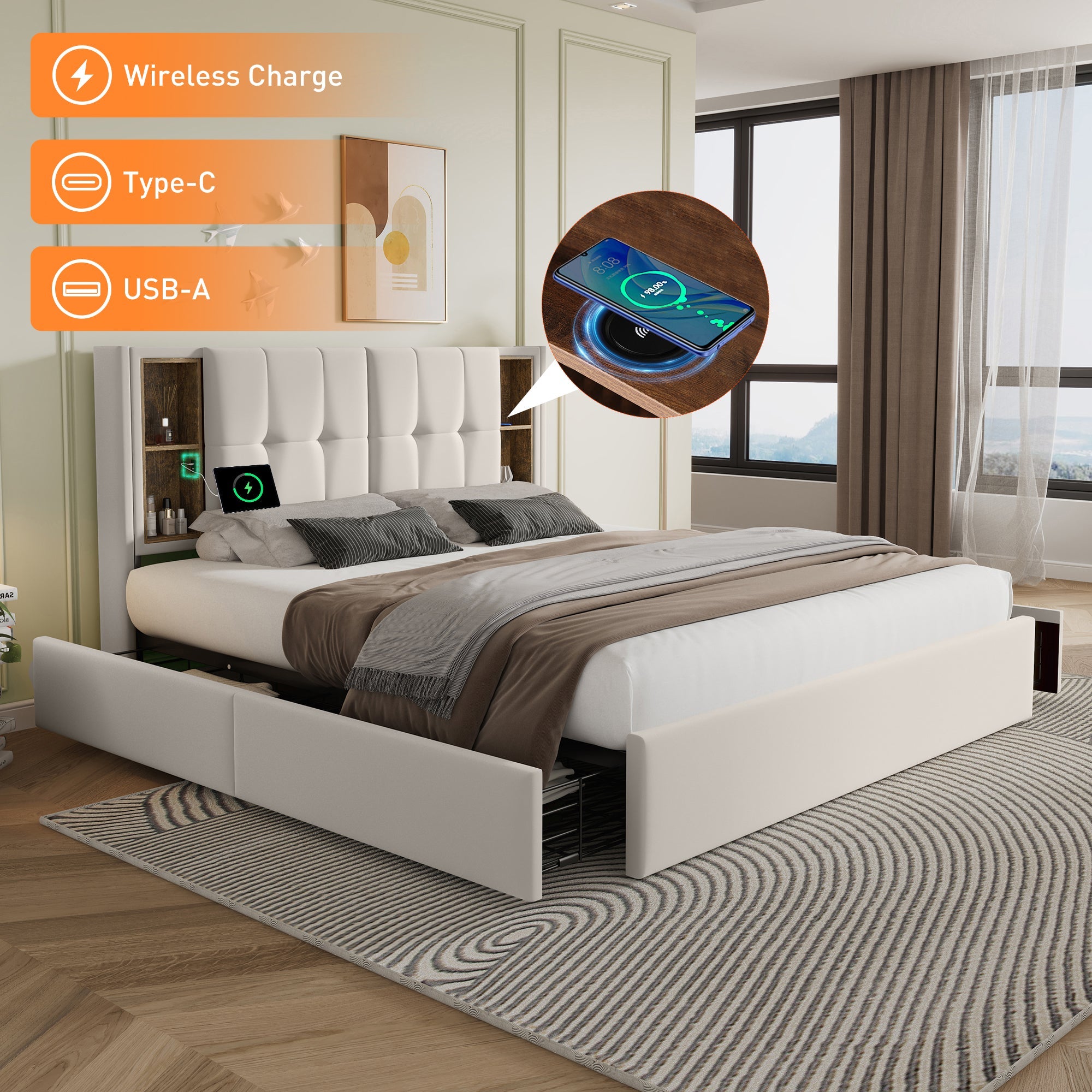 Double bed wireless charging USB C & 4 drawers, upholstered 160x200cm - beige velvet