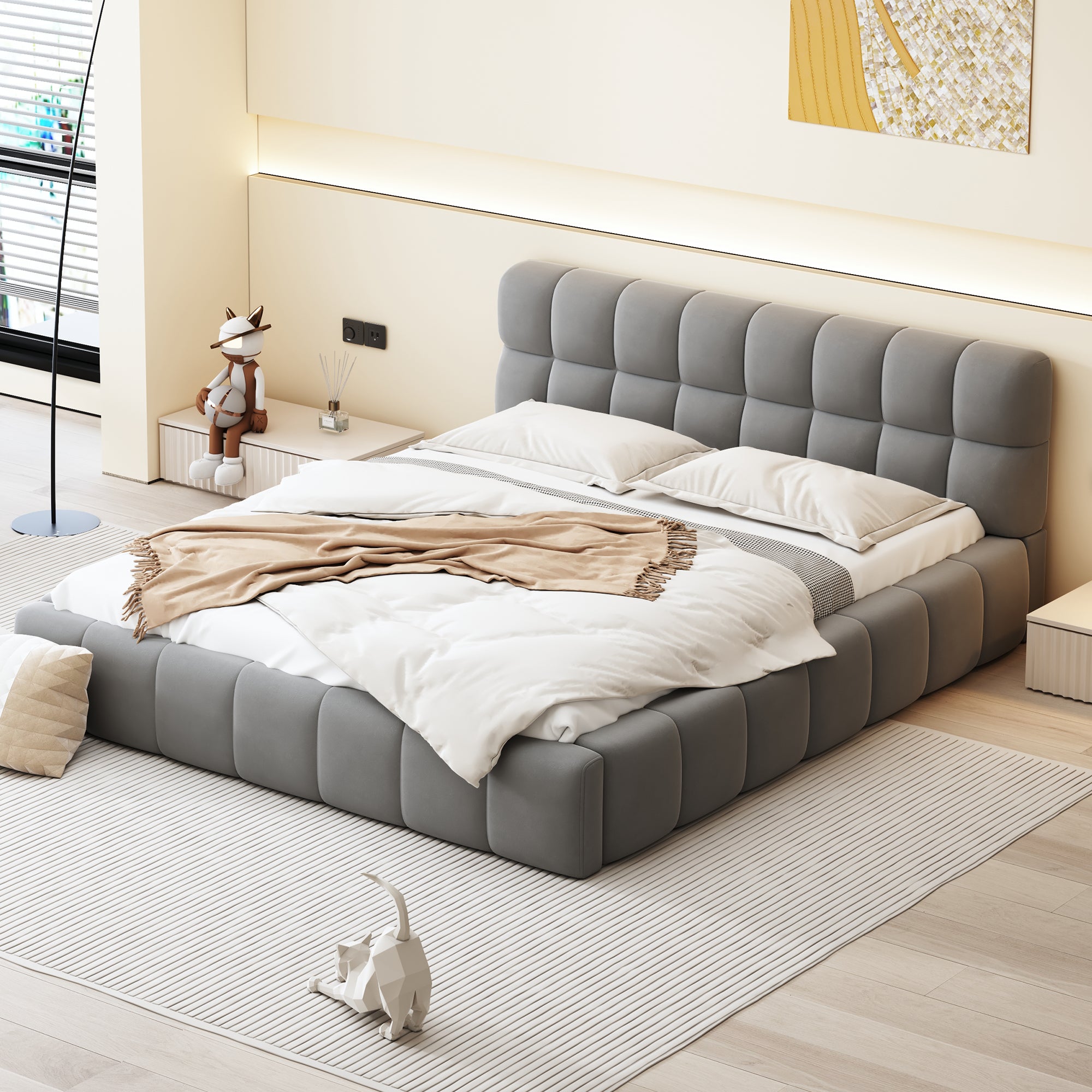 Upholstered Bed, 140 x 190 cm Double with Soft Backrest, Linen Grey