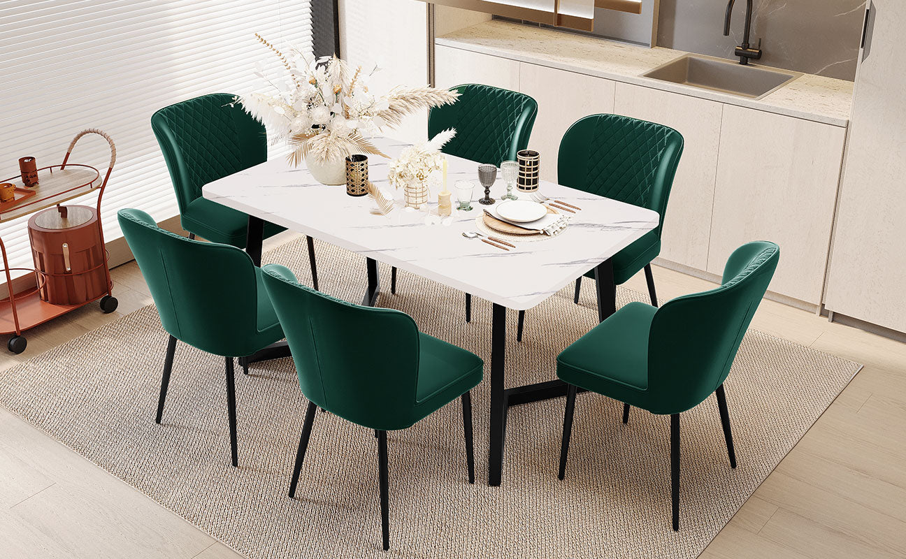 Dining Chair Set of 6 Upholstered Designer Metal Frame Dark Green Velvet