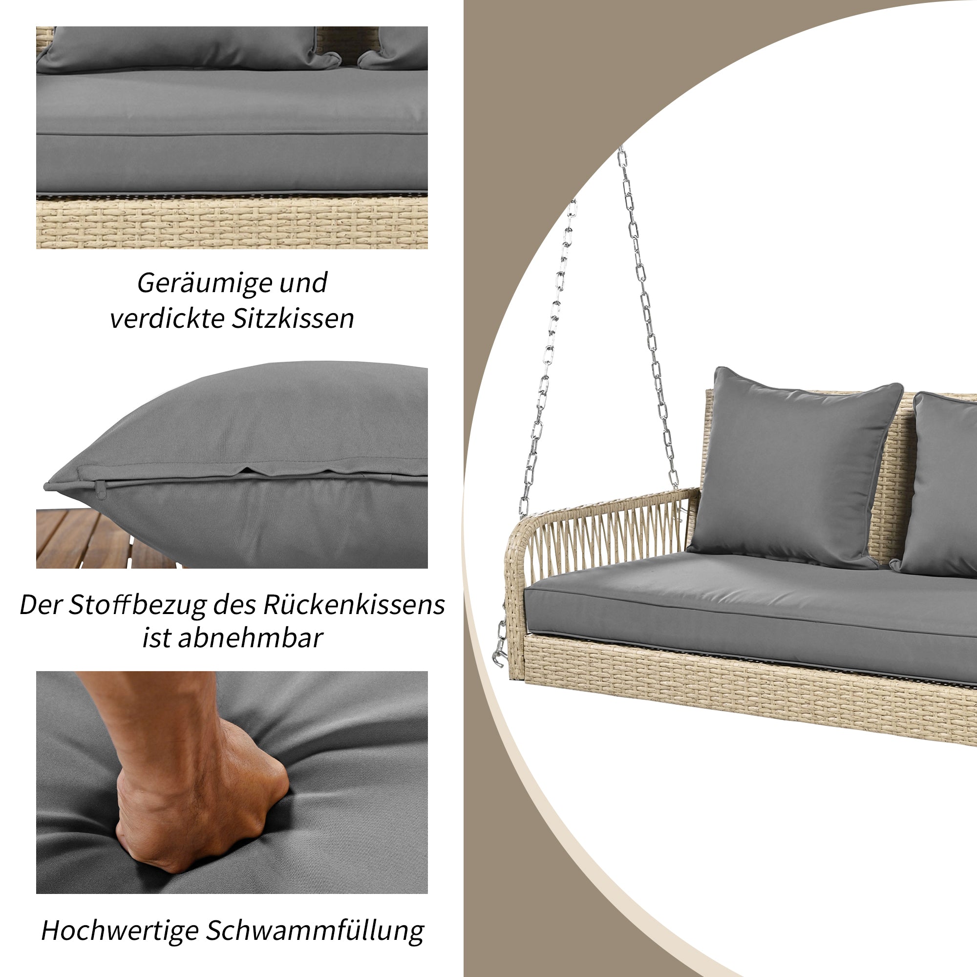 Hollywood Swing 2-Seater Outdoor Rattan, Beige/Grey Cushion