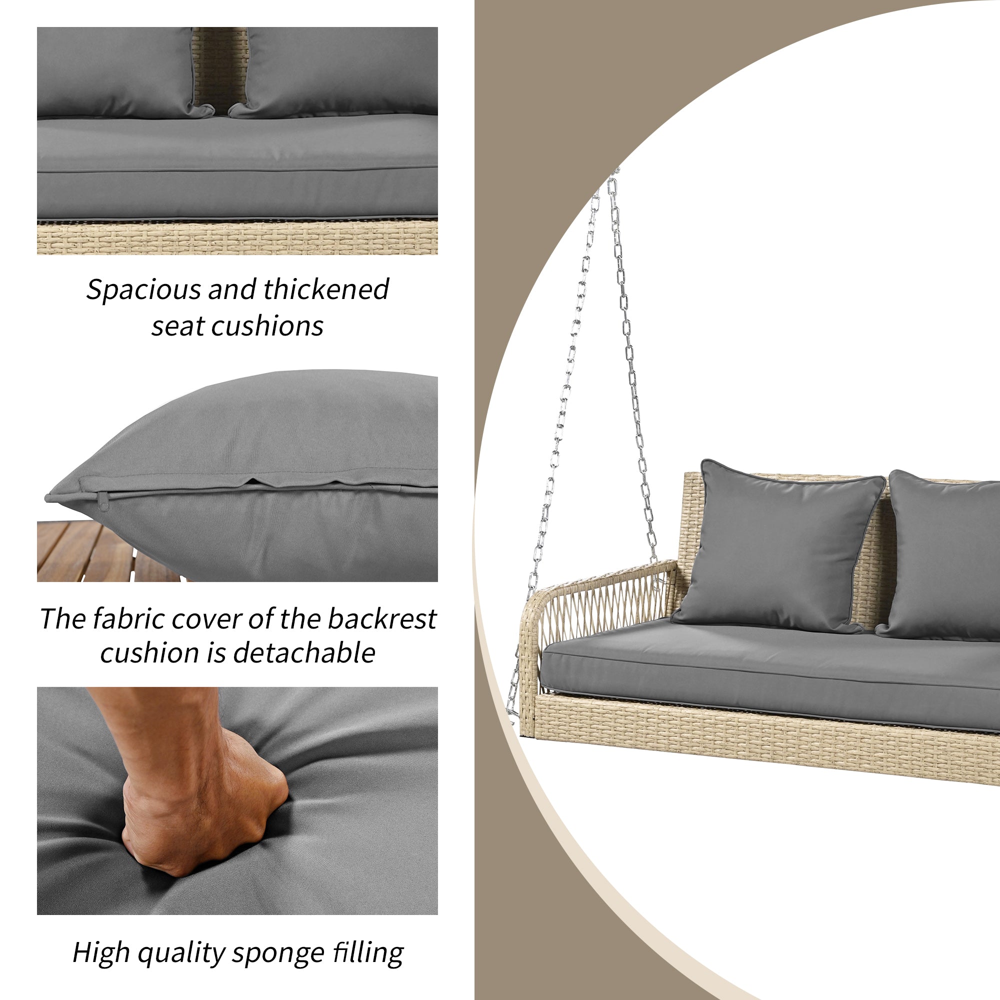 Hollywood Swing 2-Seater Outdoor Rattan, Beige/Grey Cushion