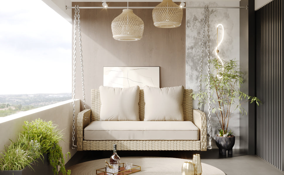 Hollywood Swing Garden Set 2-Seater Outdoor Rattan with Removable Cushions, Beige