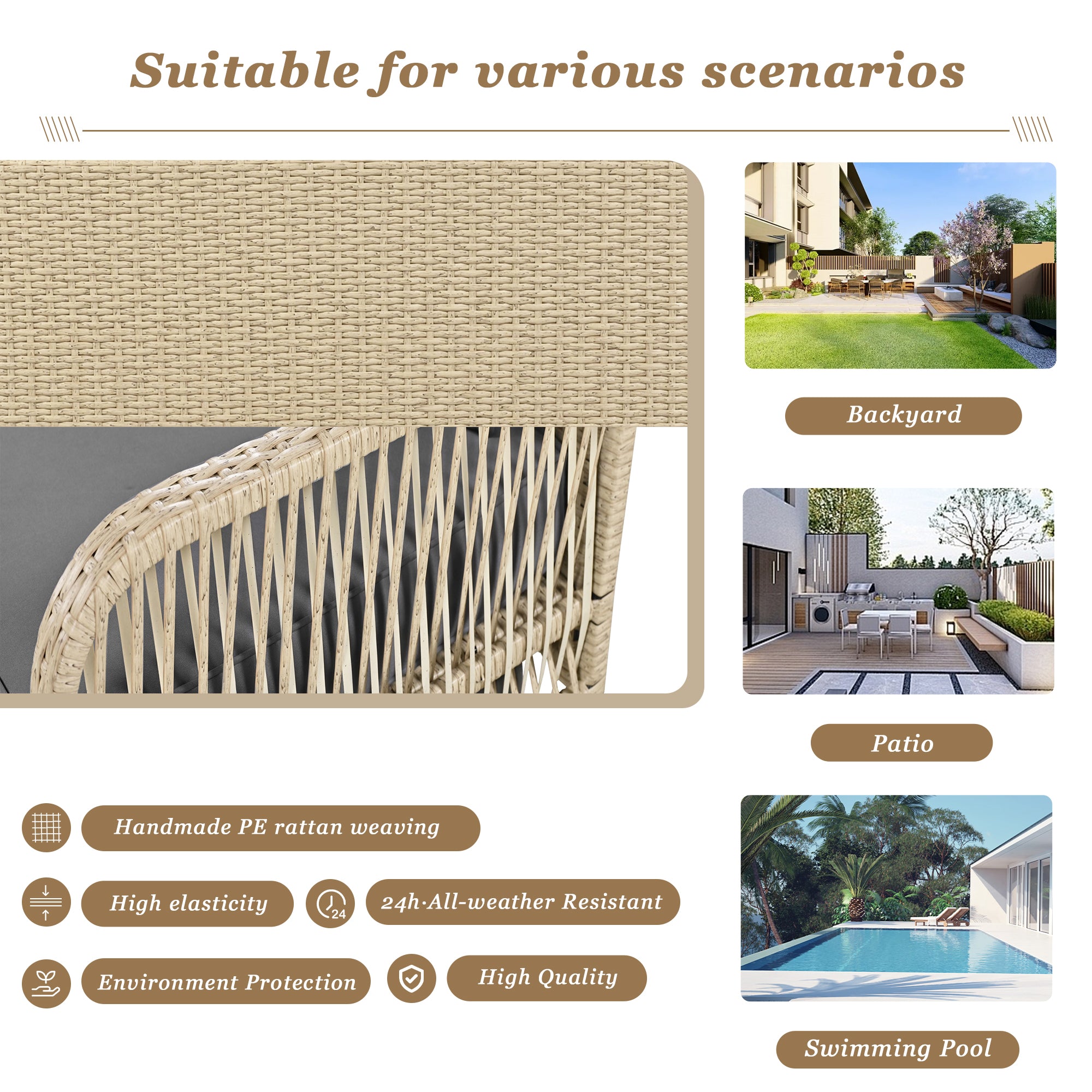 Hollywood Swing 2-Seater Outdoor Rattan, Beige/Grey Cushion