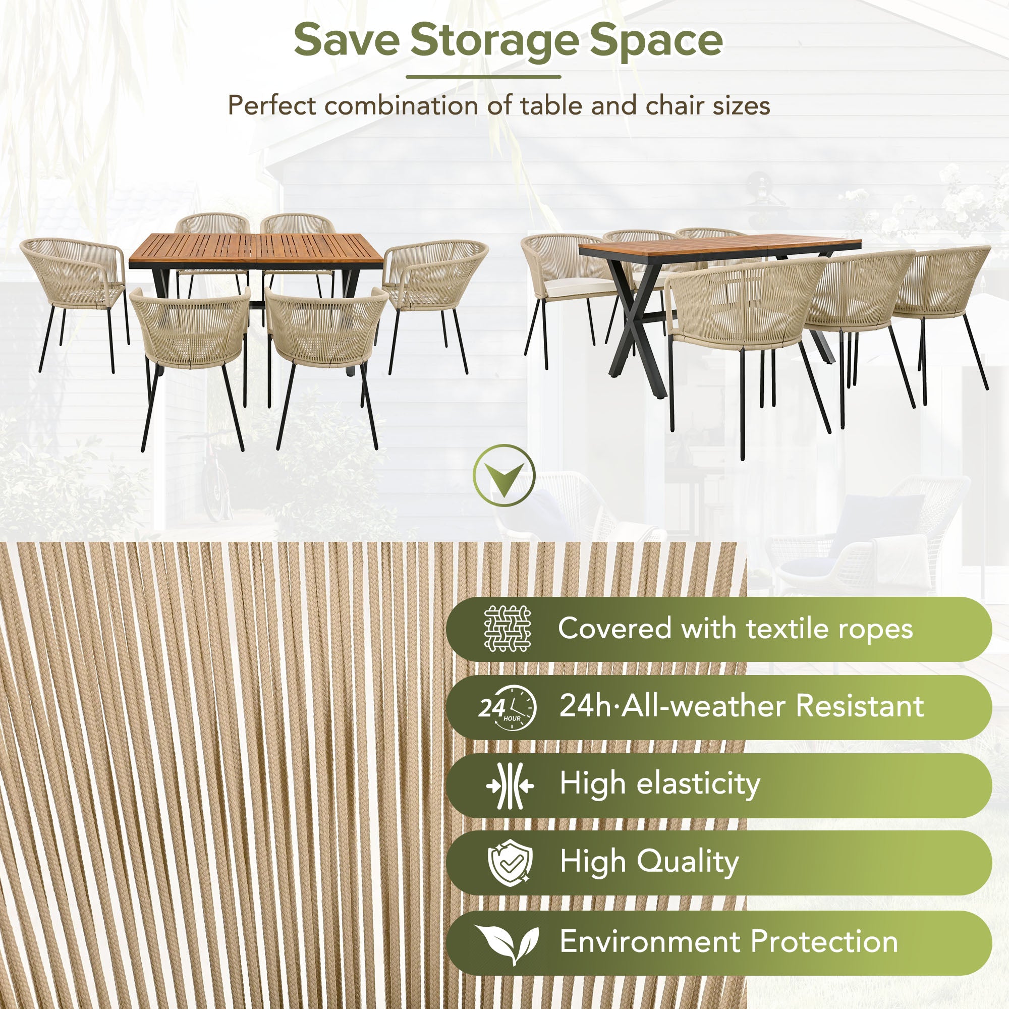 Garden dining set 7-piece rope and acacia wood