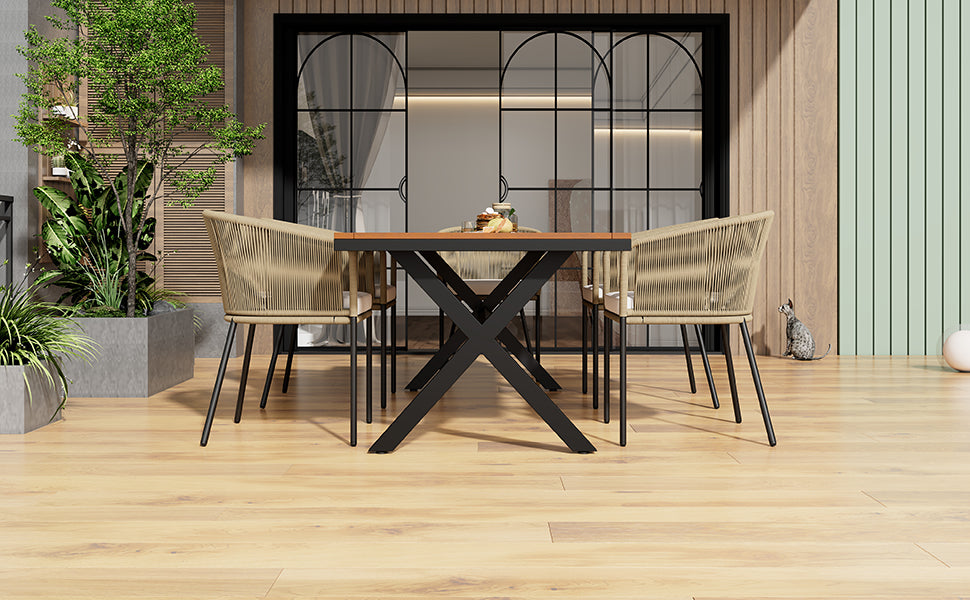 Garden Dining Set 7-Piece 6 Rope Armchairs Acacia Wood Table