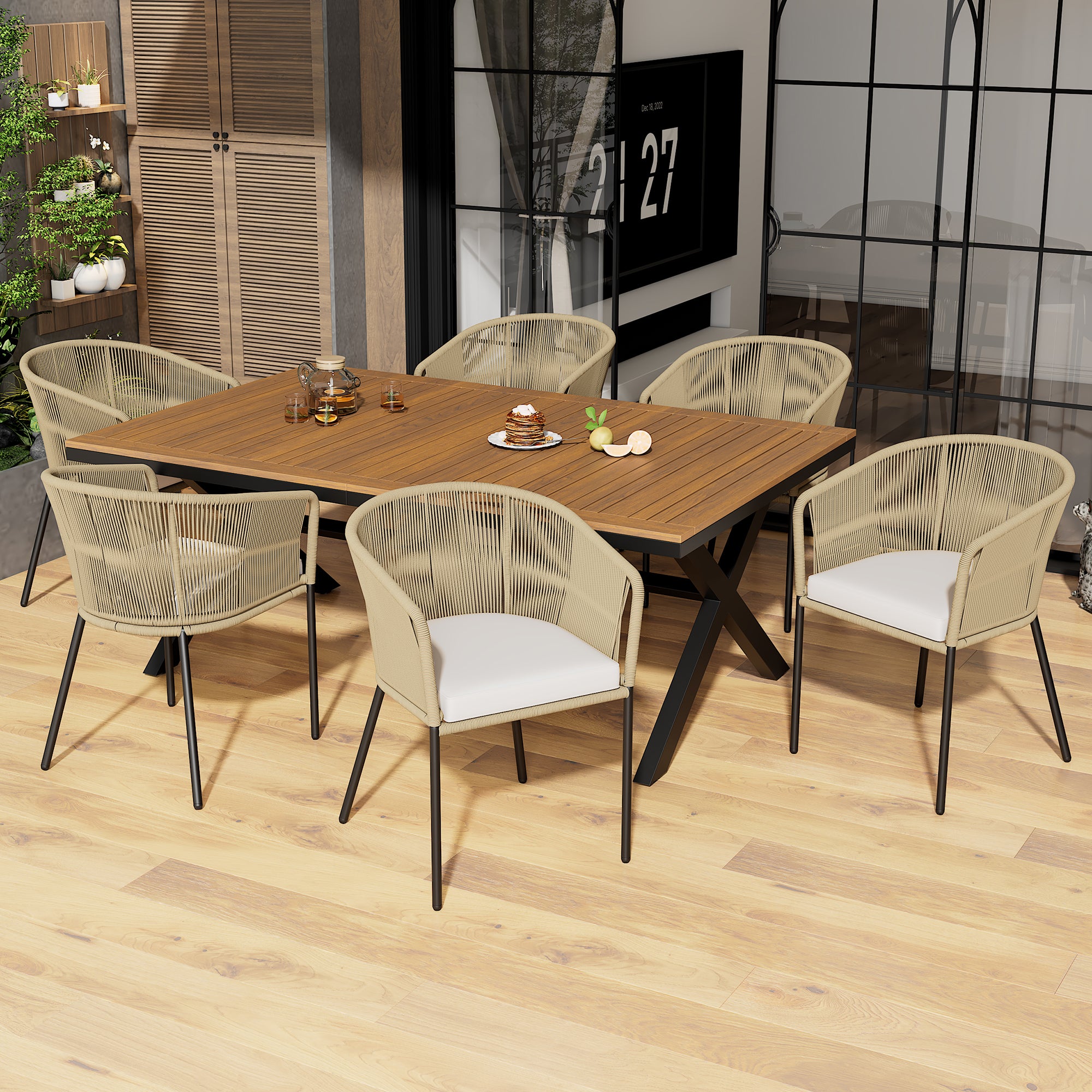 Garden dining set 7-piece rope and acacia wood