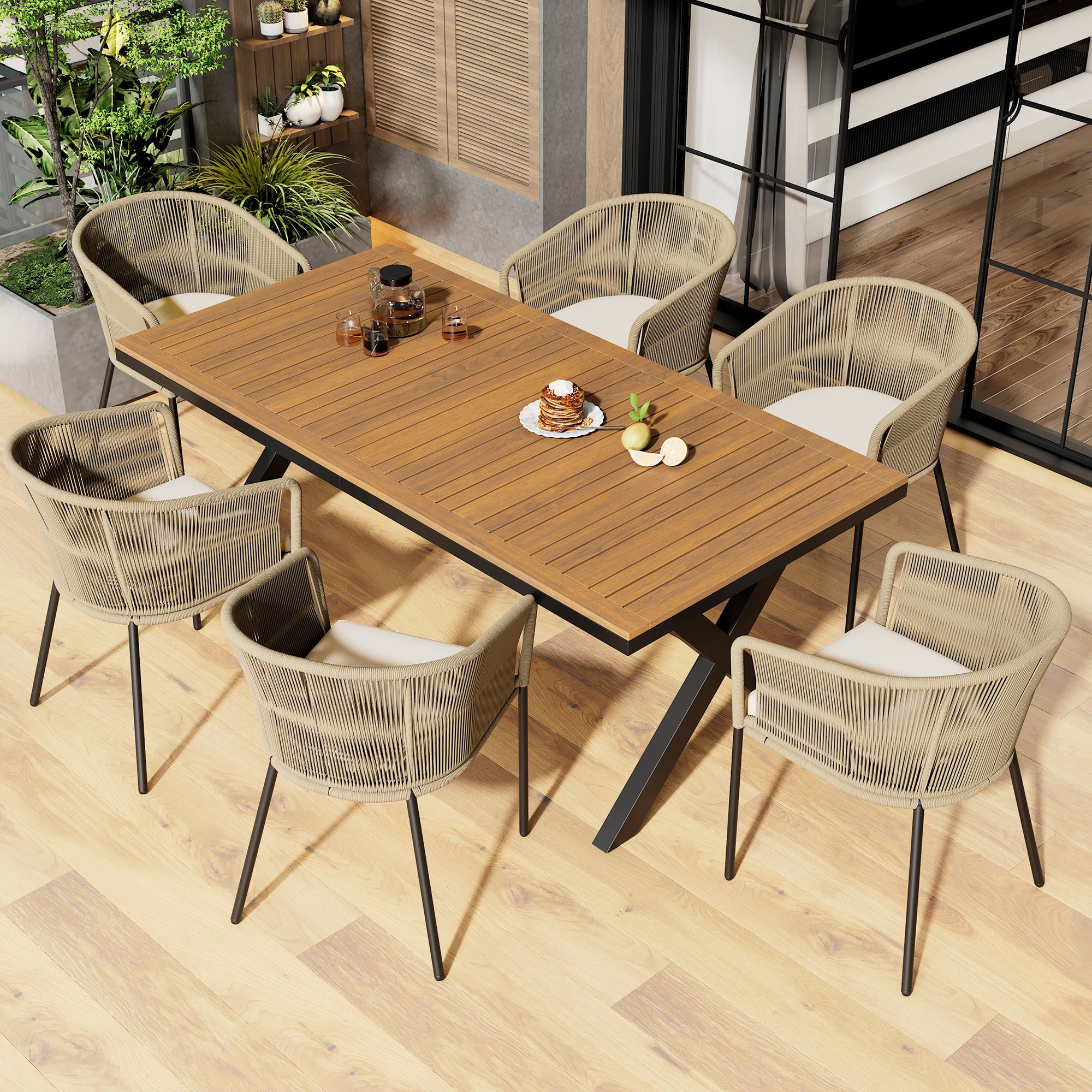 Garden dining set 7-piece rope and acacia wood