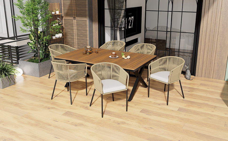Garden Dining Set 7-Piece 6 Rope Armchairs Acacia Wood Table