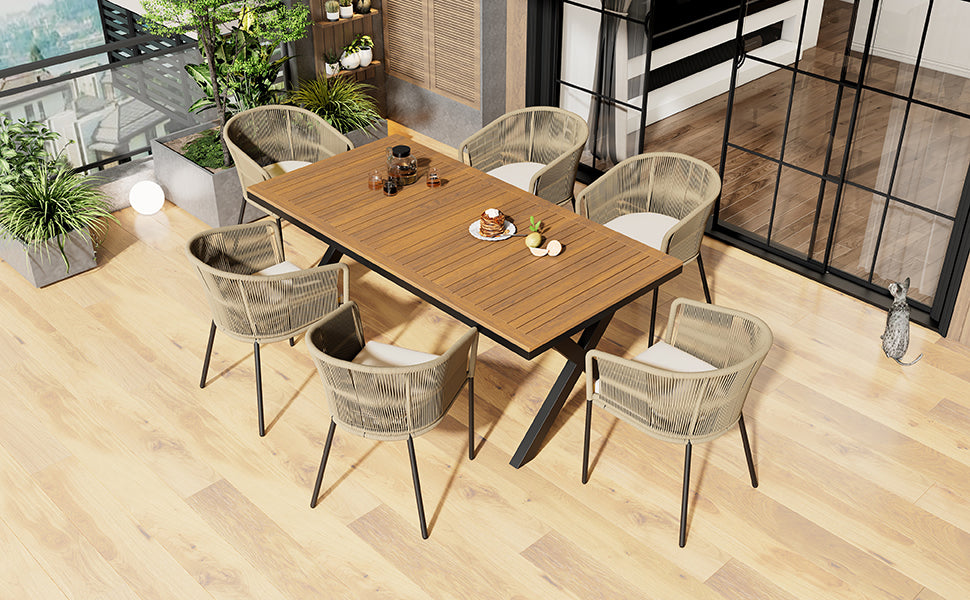Garden dining set 7-piece rope and acacia wood