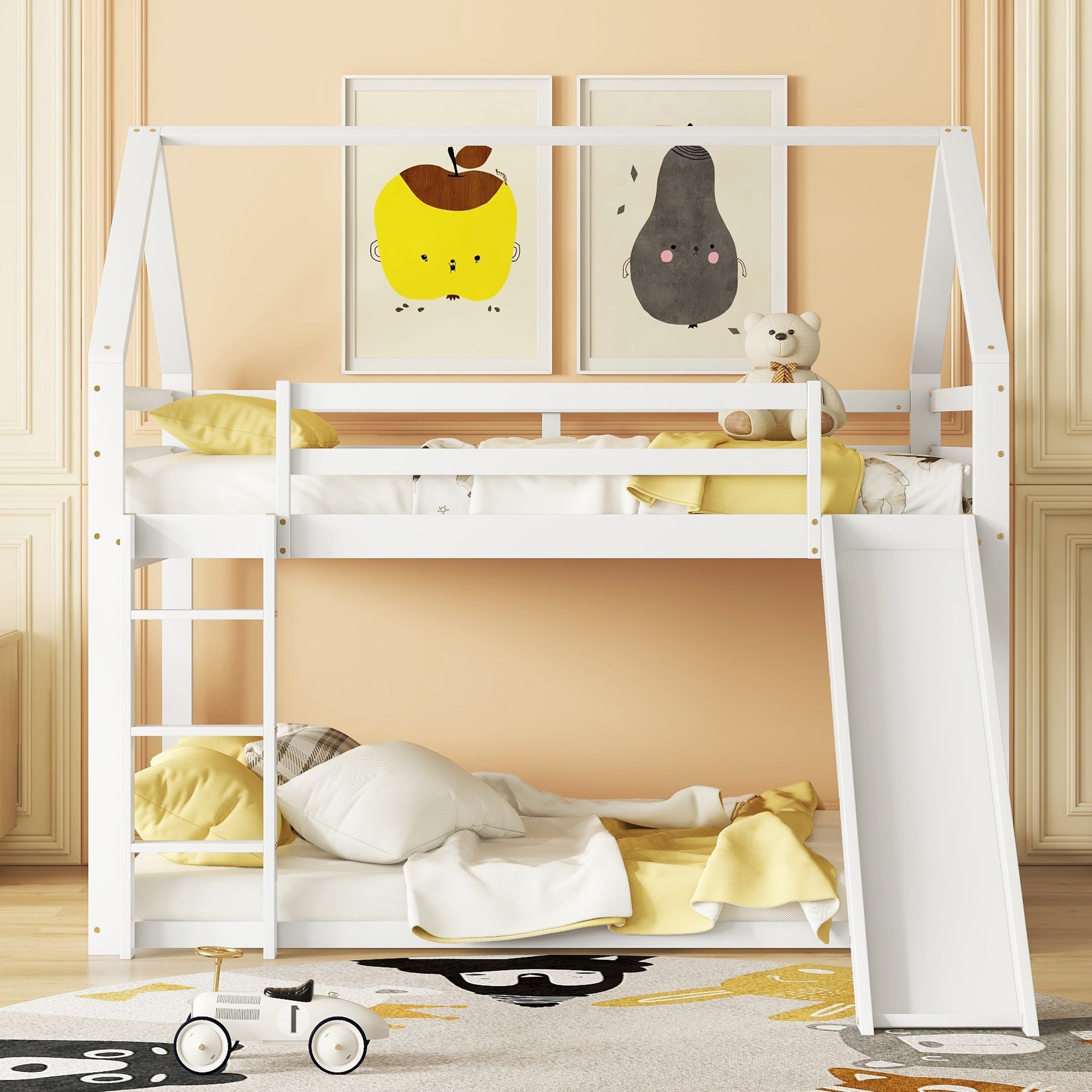 Double Bunk Bed with Slide and Ladder, 140x200cm, White