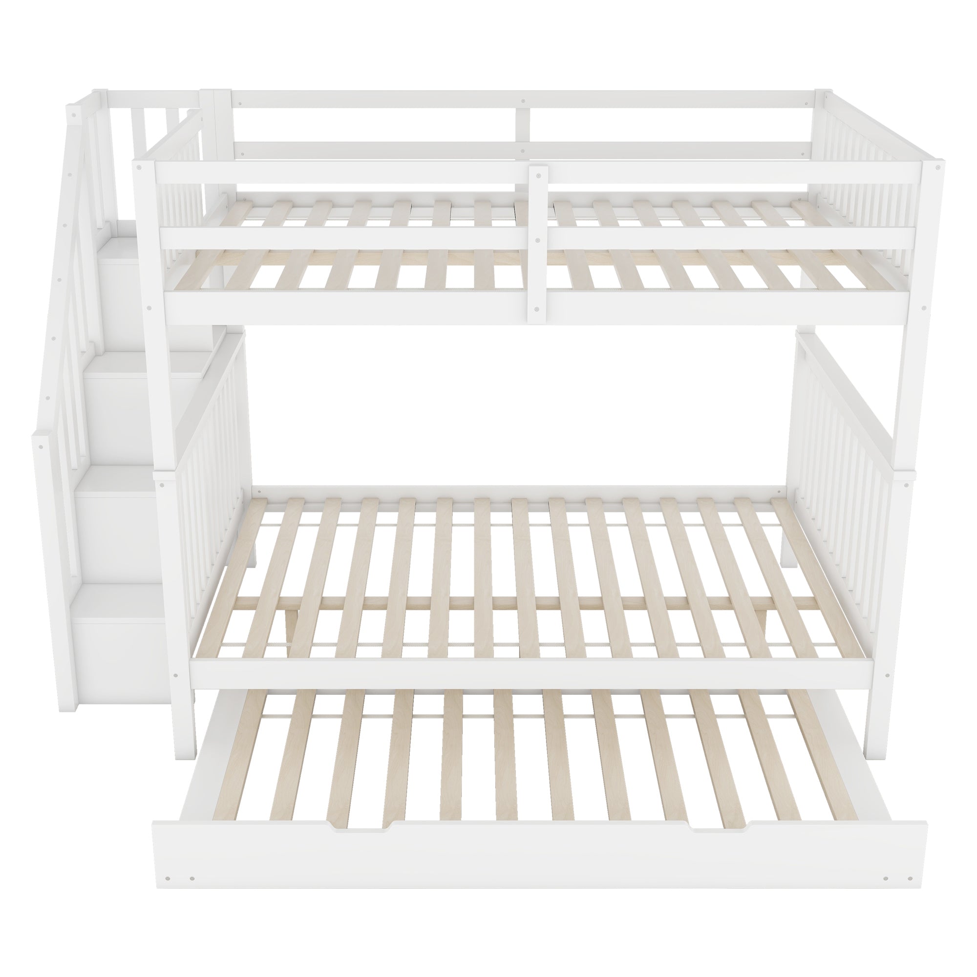 Bunk Bed 140x200cm Stair Shelf Pull-out Trundle - White