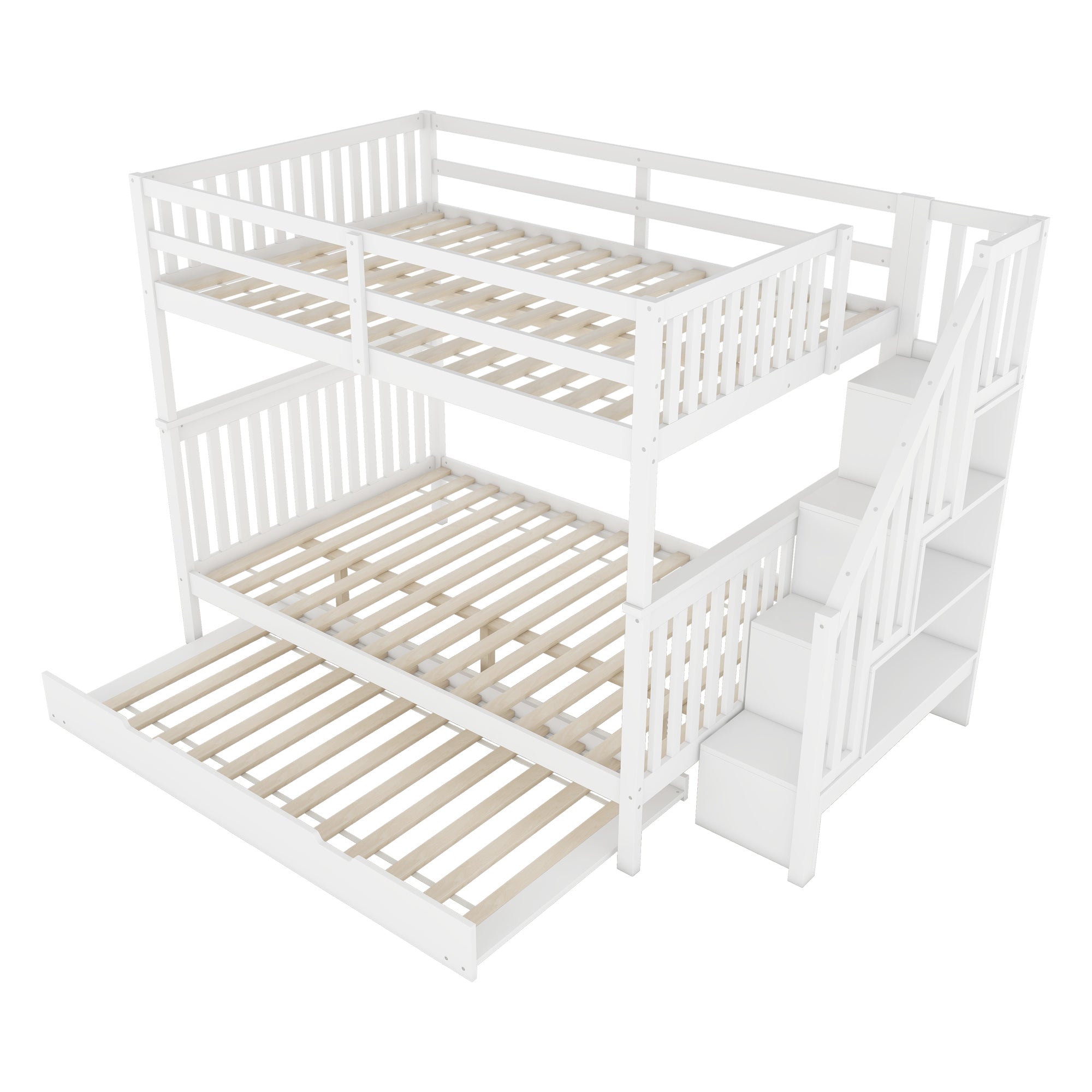 Bunk Bed 140x200cm Stair Shelf Pull-out Trundle - White