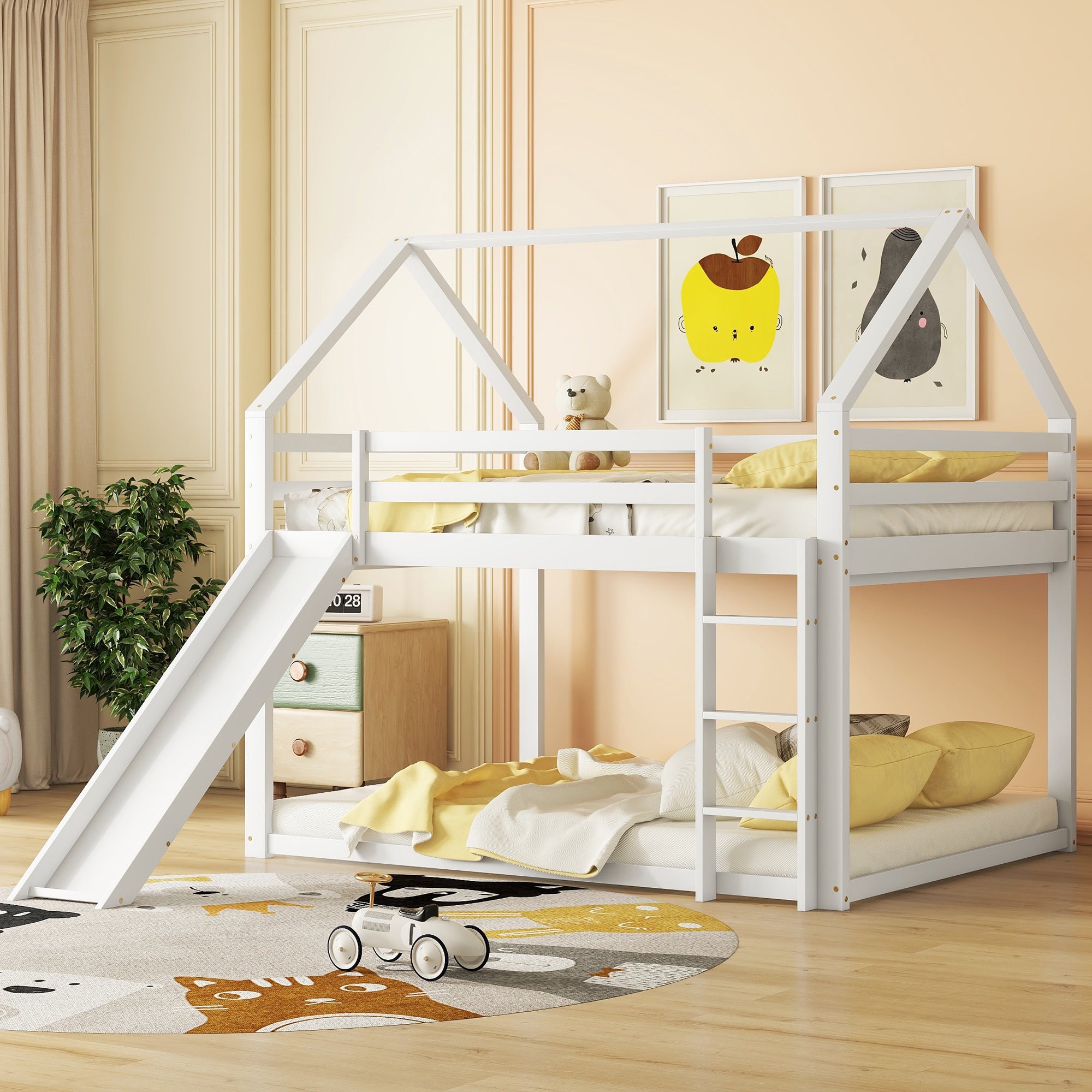 Double Bunk Bed with Slide and Ladder, 140x200cm, White