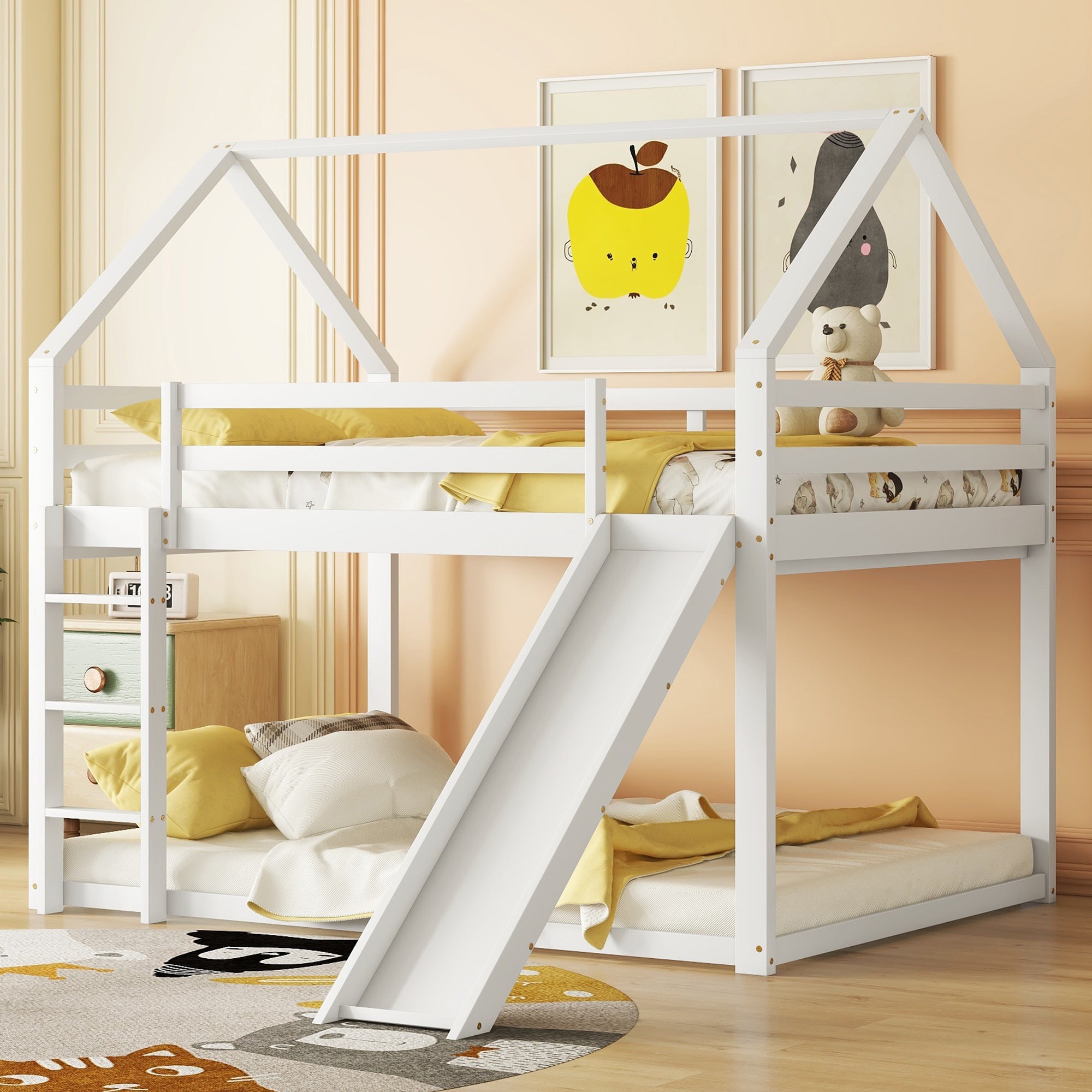 House Bunk Bed 140x200cm Double with Slide & Ladder - White