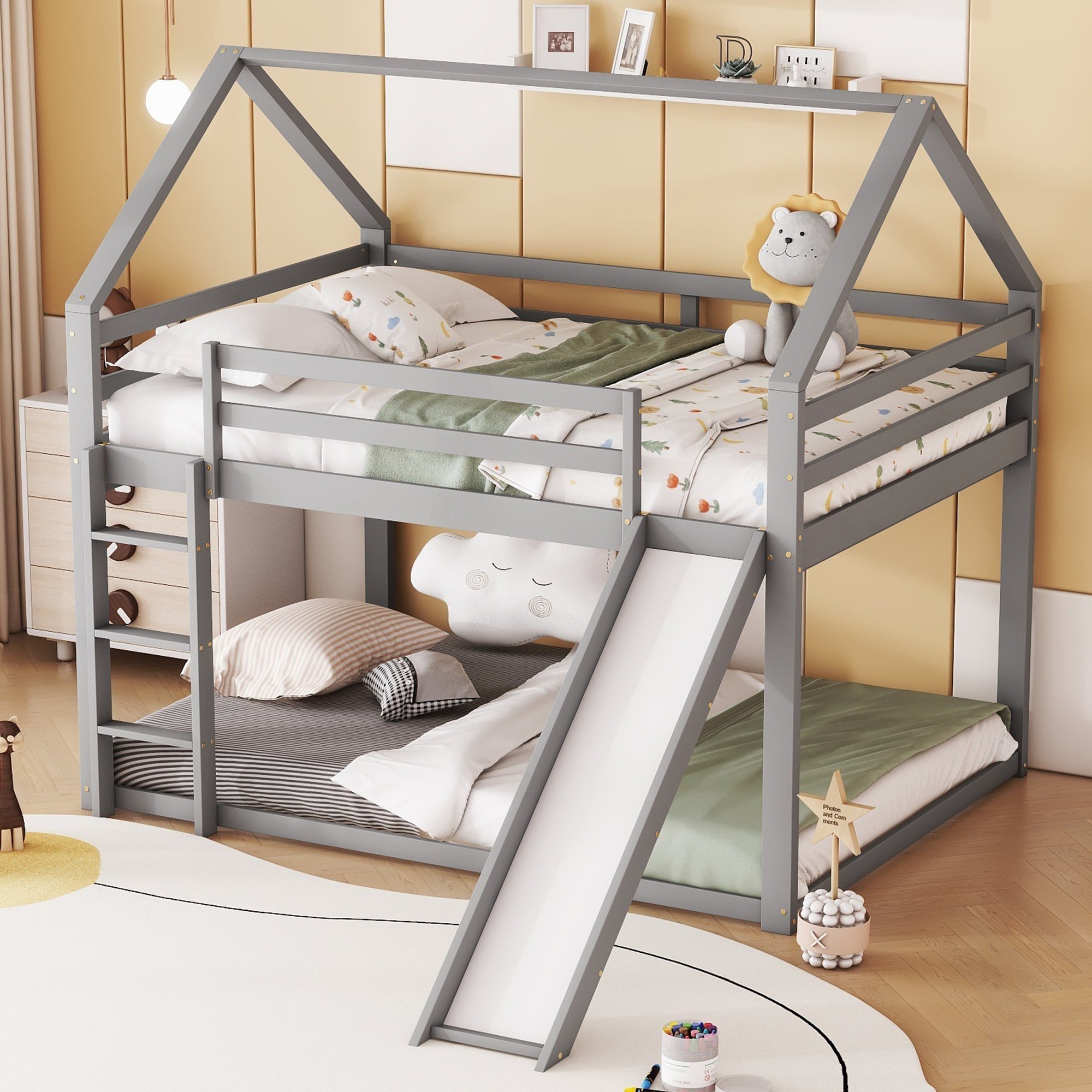 Double Bunk Bed, House Bed with Slide & Ladder, Grey 140x200cm