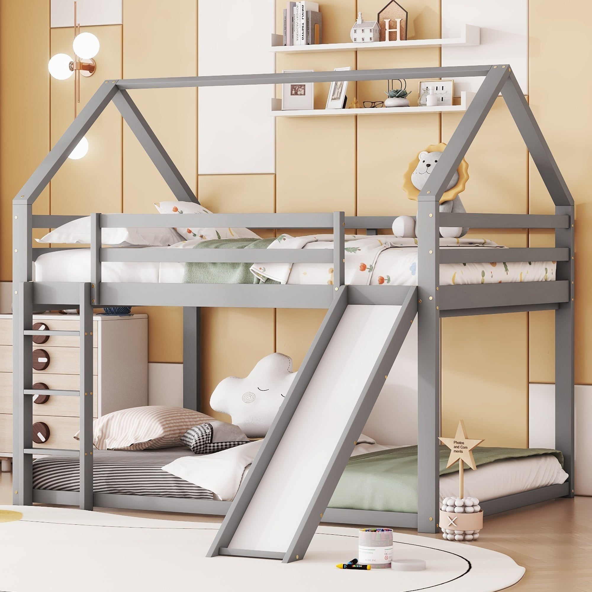 Double Bunk Bed, House Bed with Slide & Ladder, Grey 140x200cm