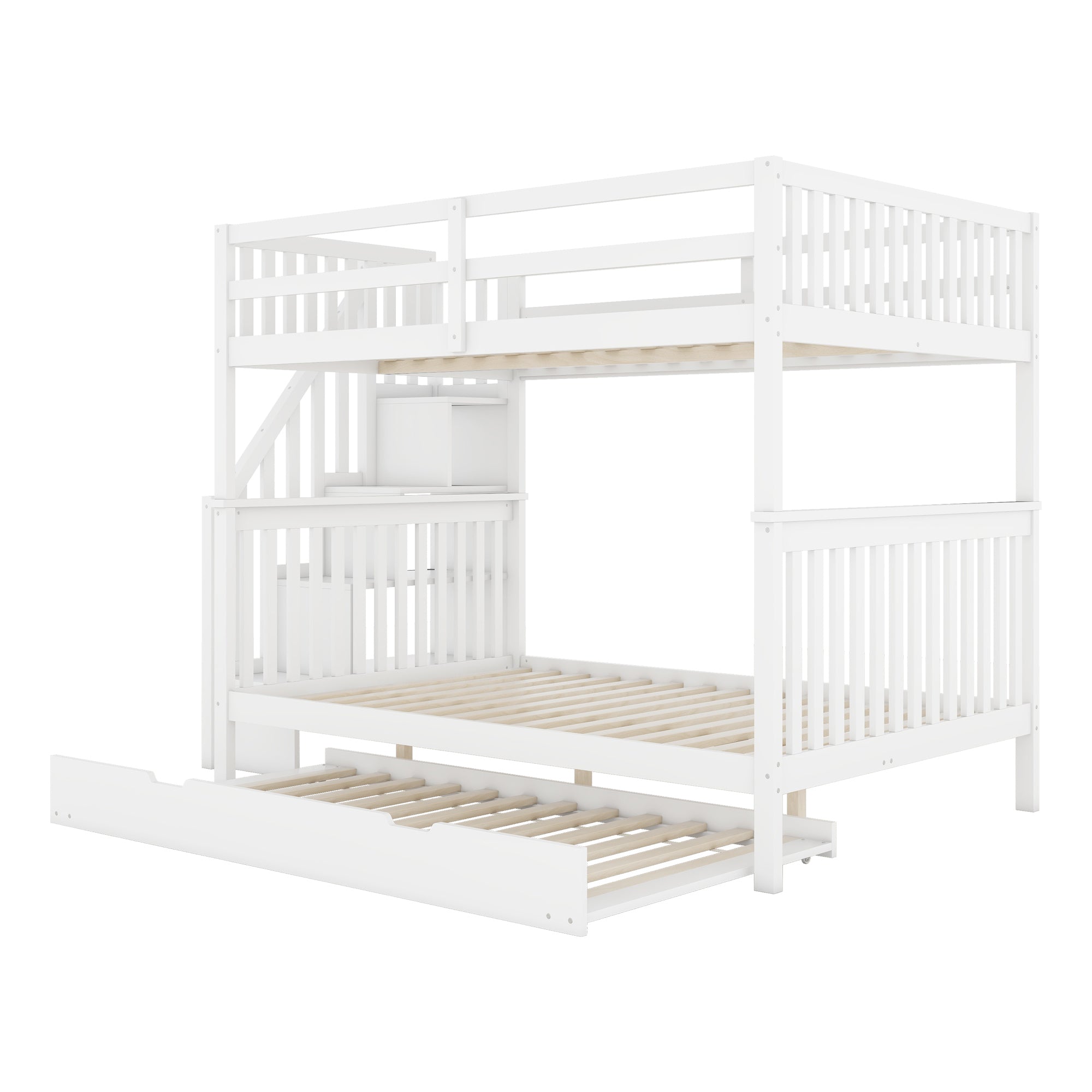 Bunk Bed 140x200cm Stair Shelf Pull-out Trundle - White