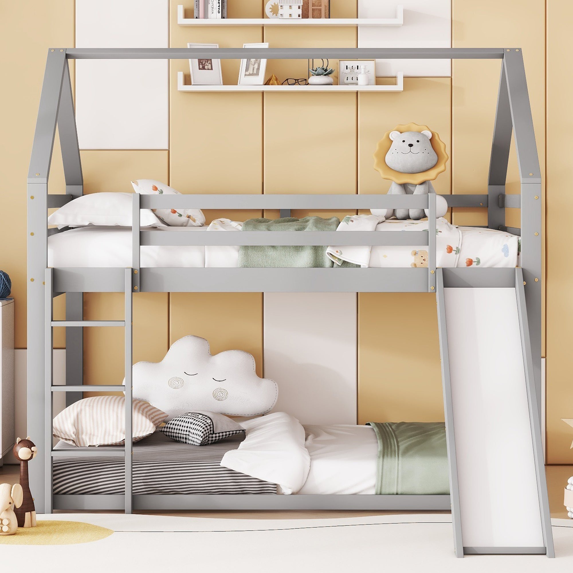 Double Bunk Bed, House Bed with Slide & Ladder, Grey 140x200cm